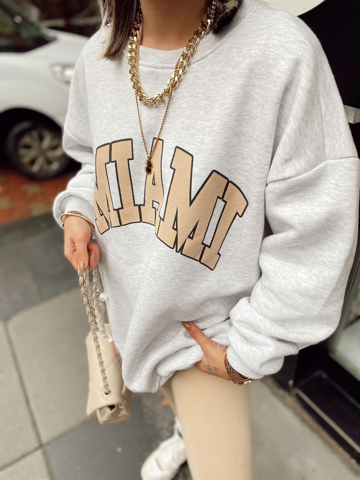 Gri Miami Basklı Sweat