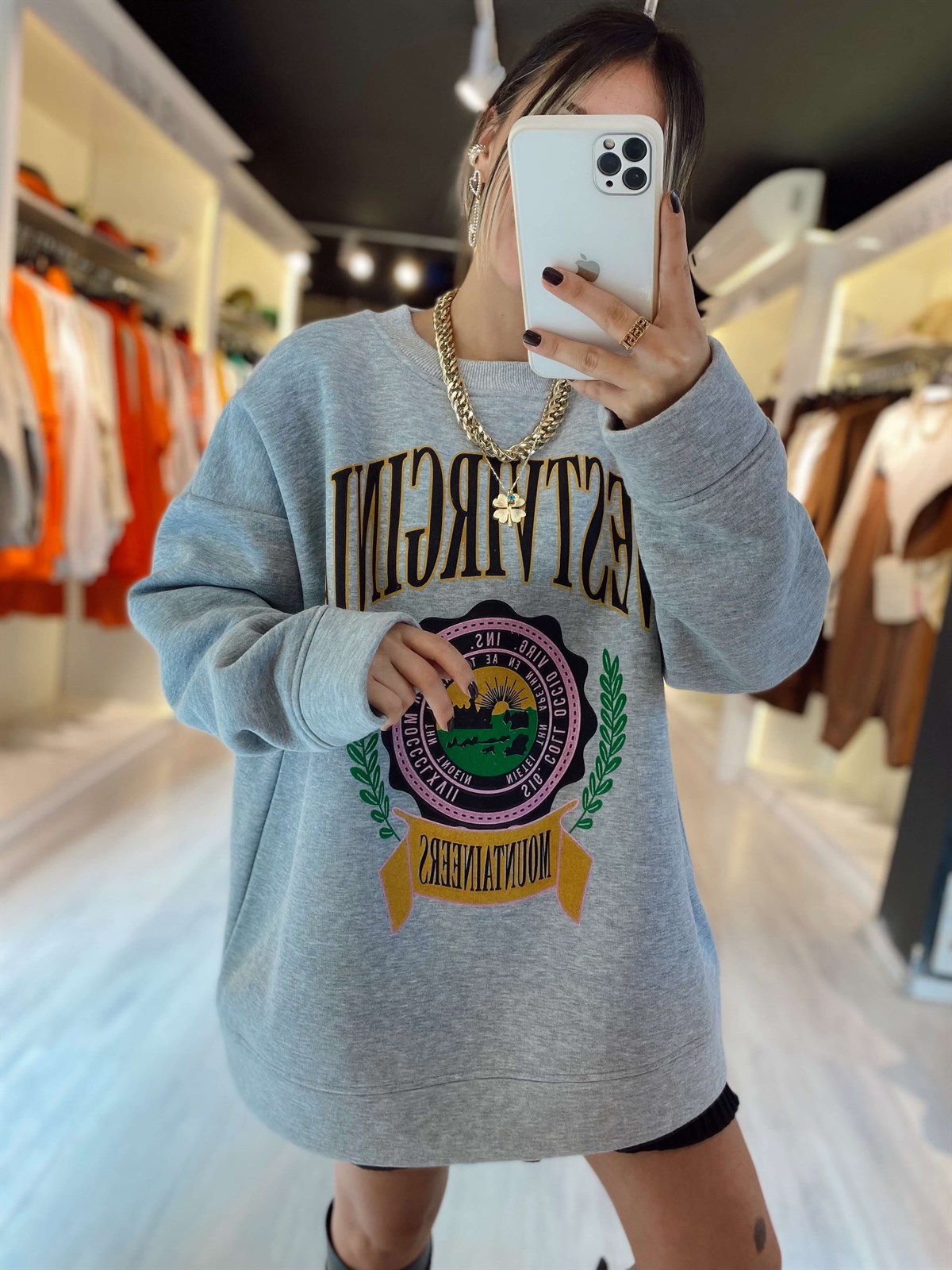 Gri Ön Baskılı Sweat