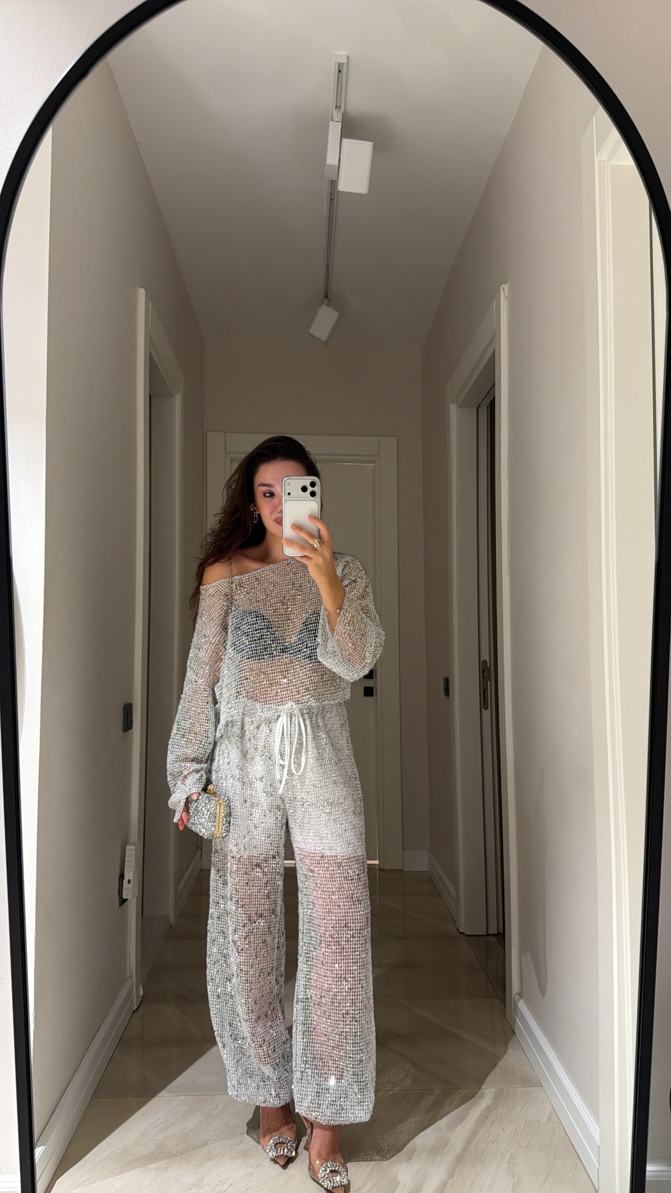 Gri Pul Detaylı File Bluz Takım