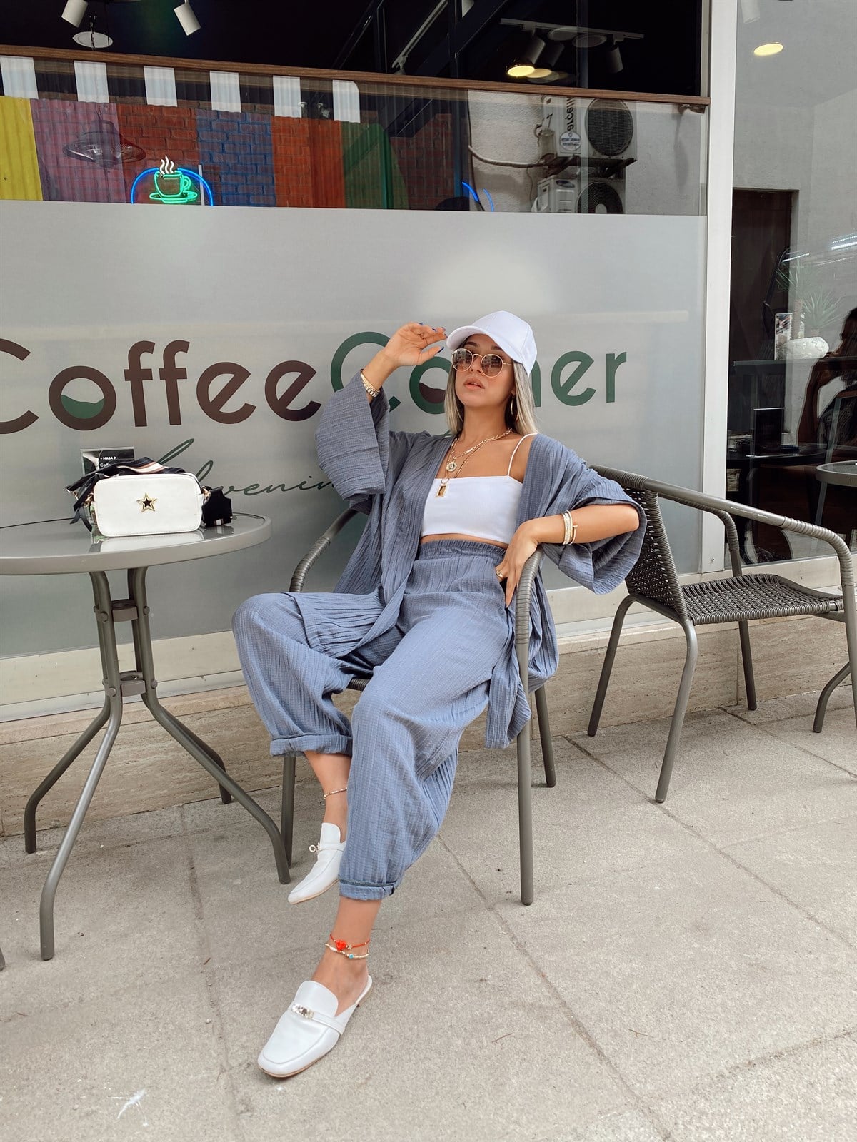 Gri Renk Gofreli Kimono Takım