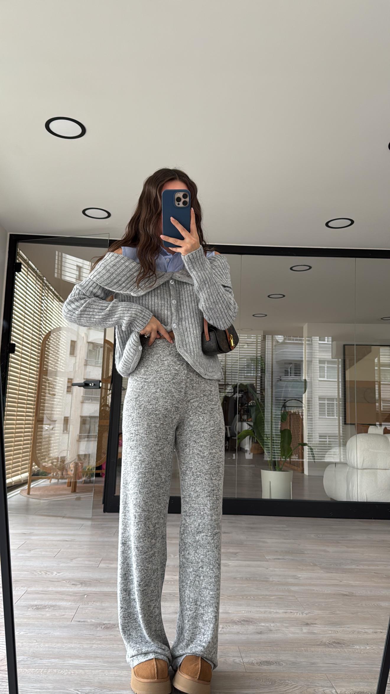 Gri Siyah Kırçıllı Beli Lastikli Bol Paça Basic Pantolon