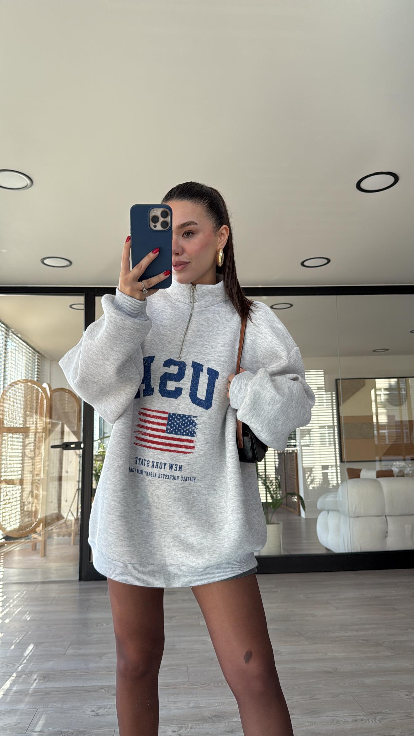Gri USA Baskılı Dik Yaka Fermuarlı Sweat 