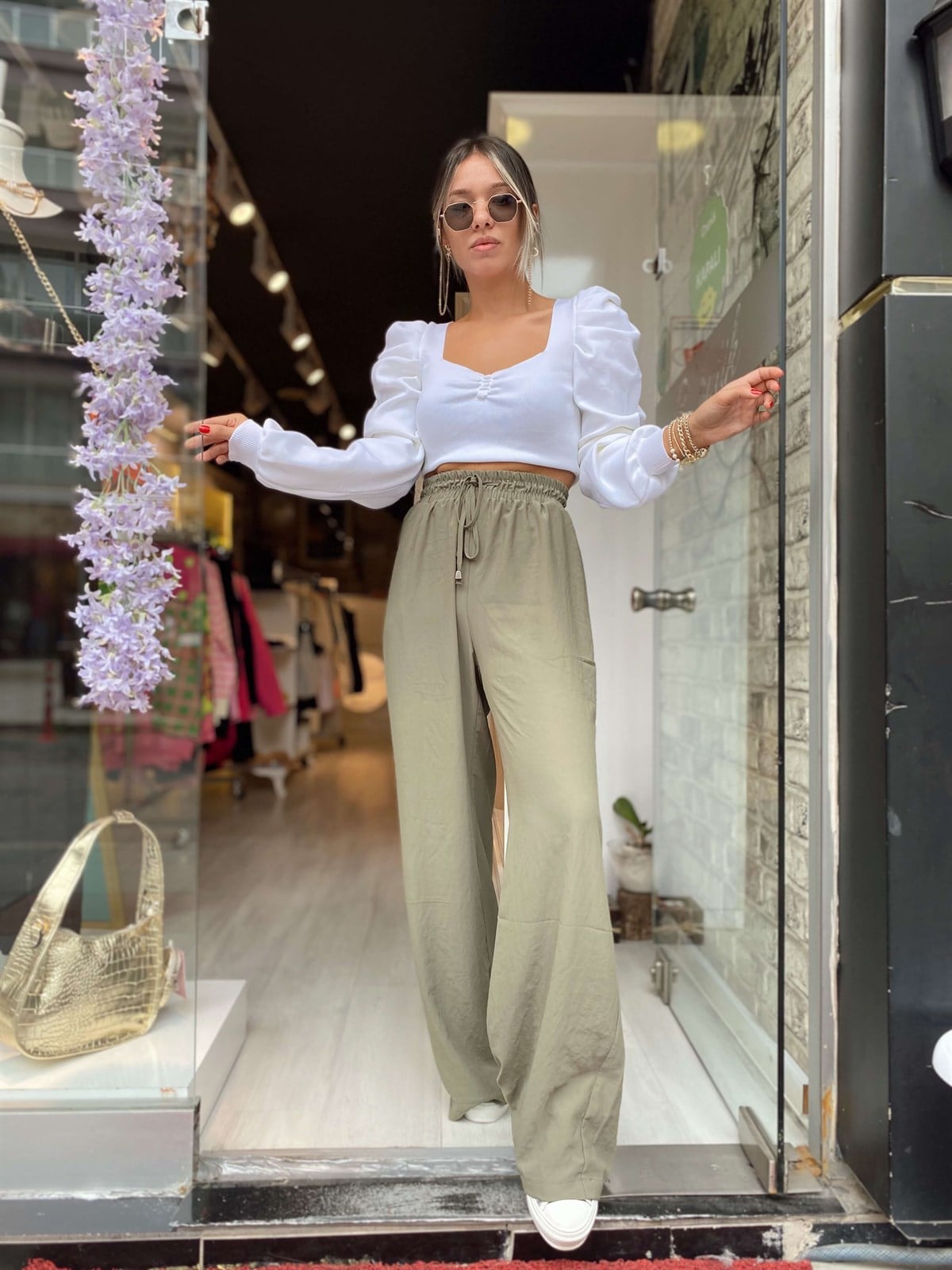 Haki Beli Lastikli Saten Bol Pantolon