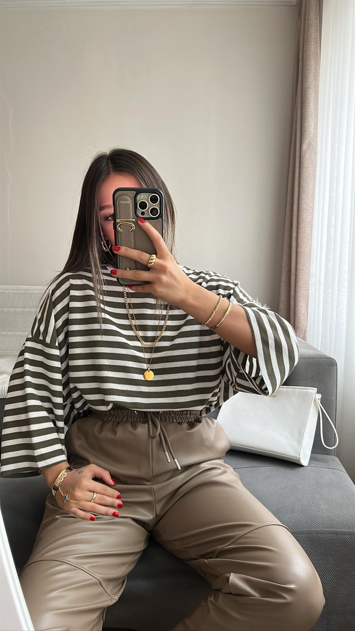 Haki Beyaz Çizgili Oversize Tshirt