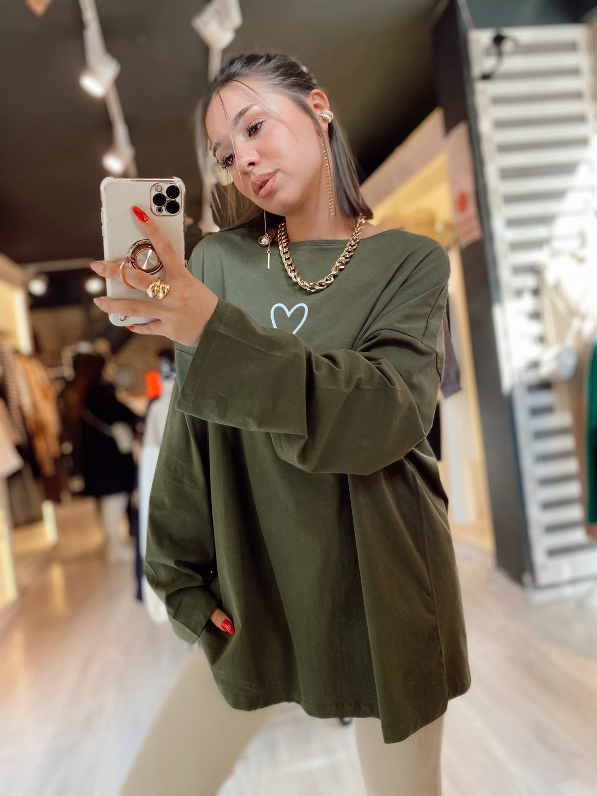 Haki Kalp Detaylı Bluz 