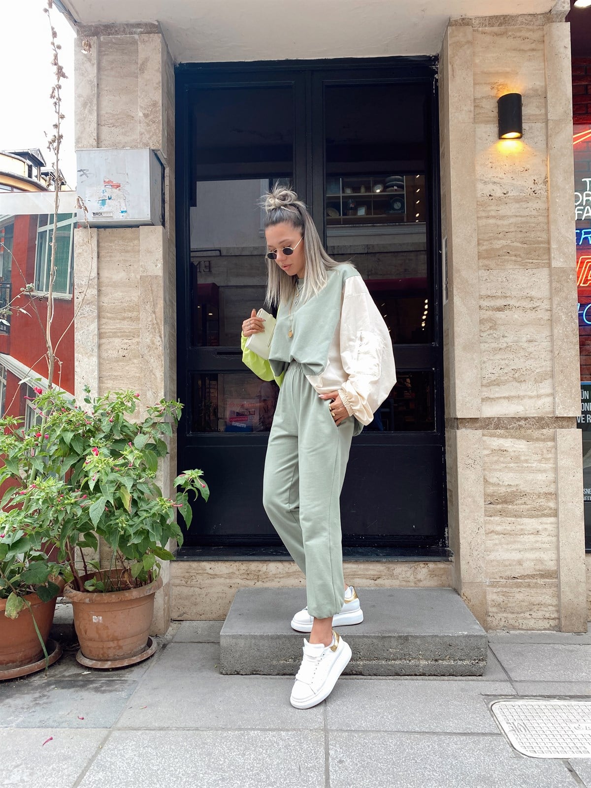 Haki Renk Bloklu Sweat Takım