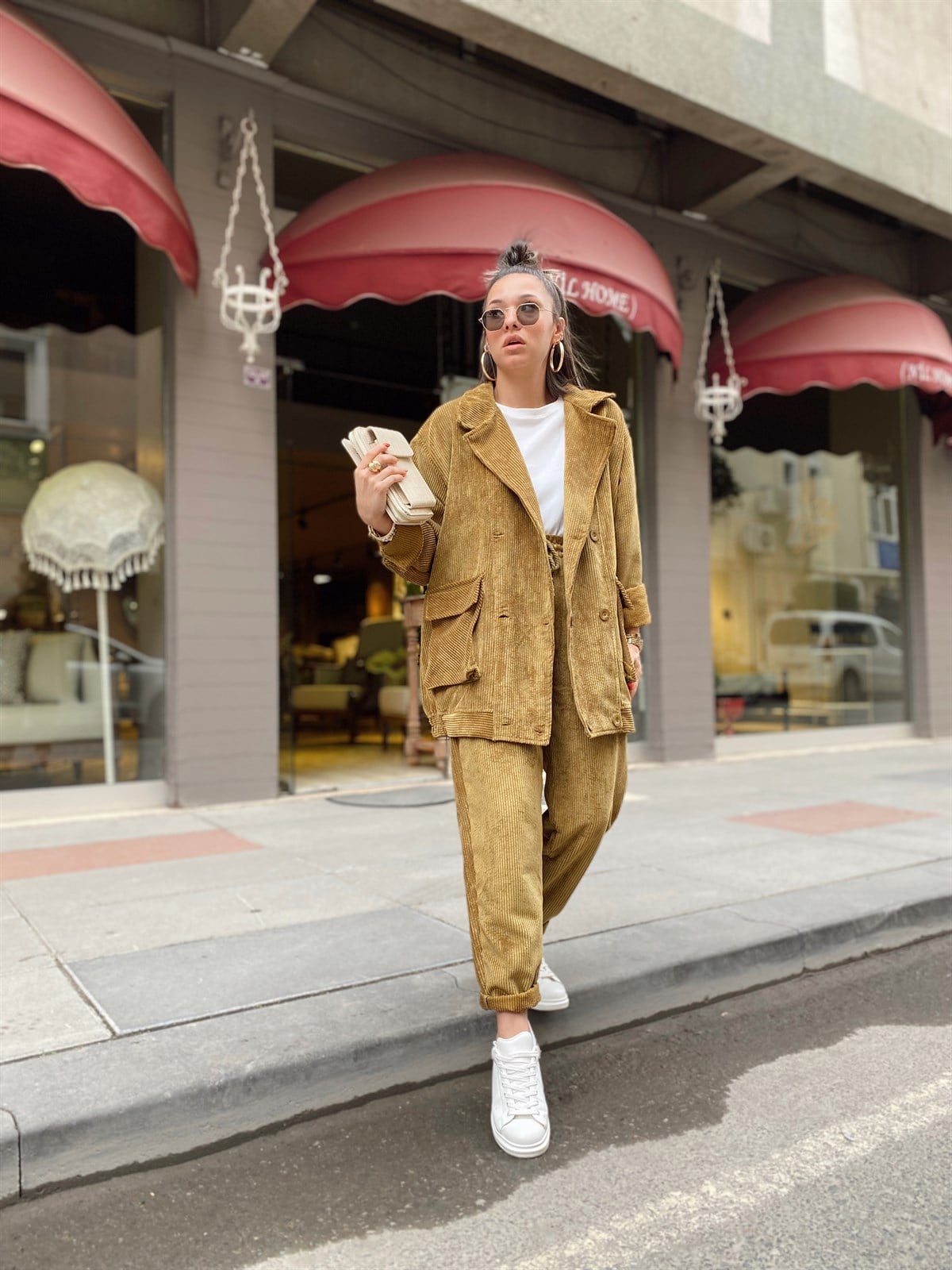 Hardal Kruvaze Çift Cepli Kadife Ceket