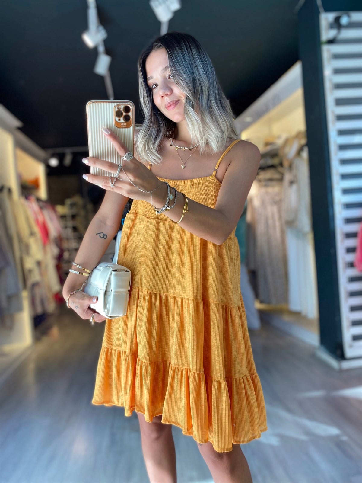 Hardal Sarısı Askılı Mini Elbise