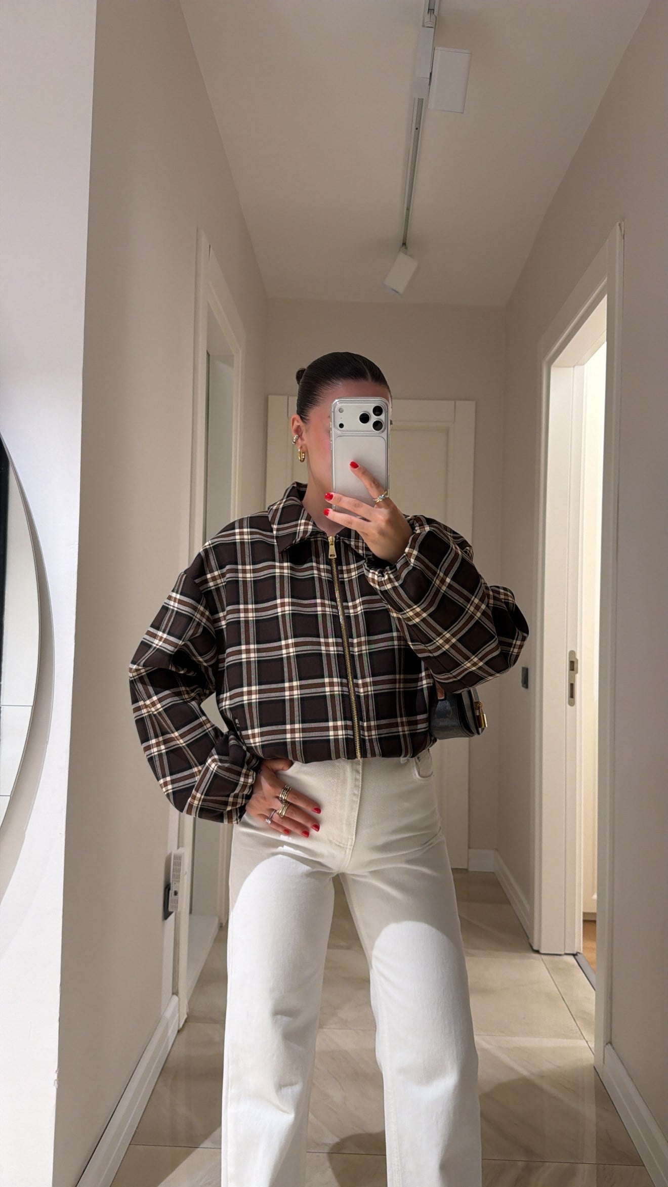 Kahve Bej Kareli Ön Fermuarlı Bomber Ceket