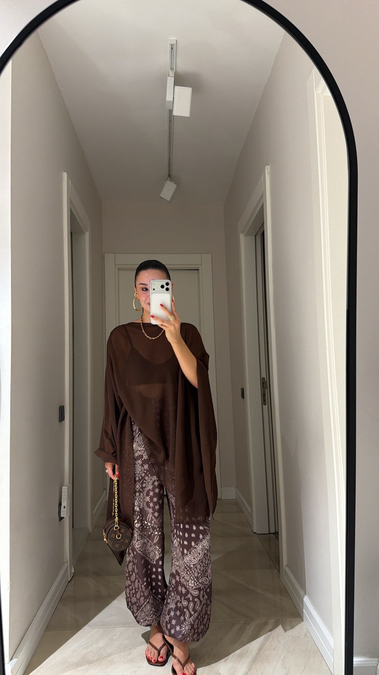 Kahve Etnik Desenli Paça Lastikli Şalvar Pantolon