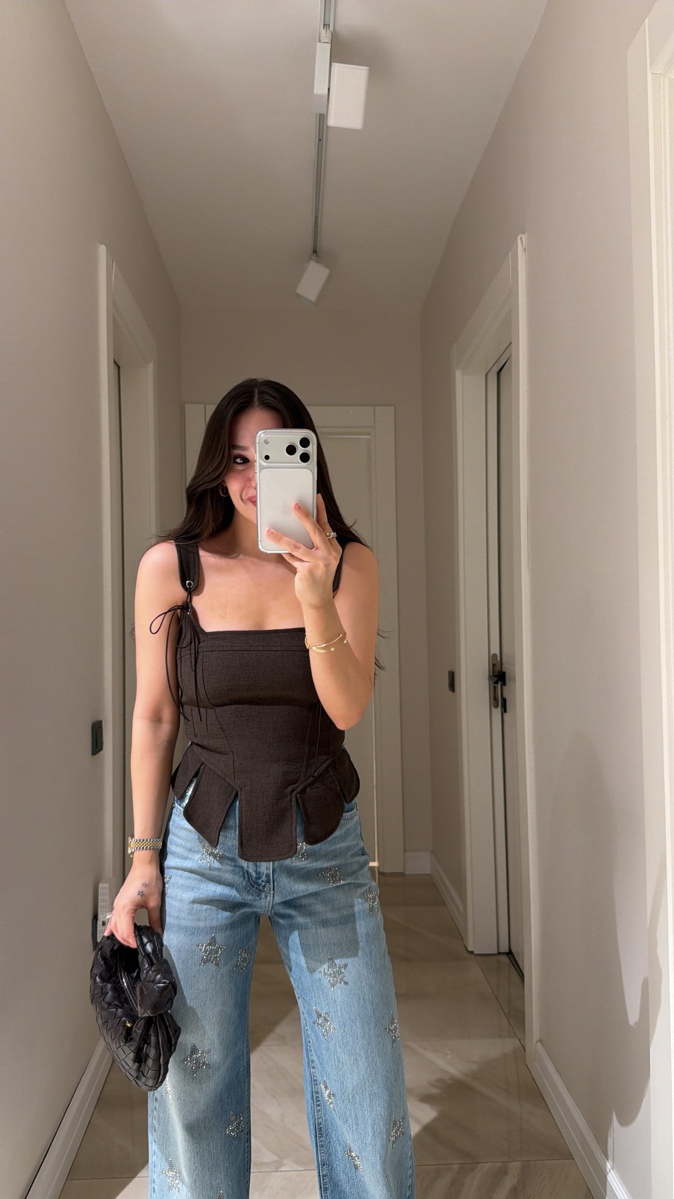 Kahve İp Detaylı Korse Bluz