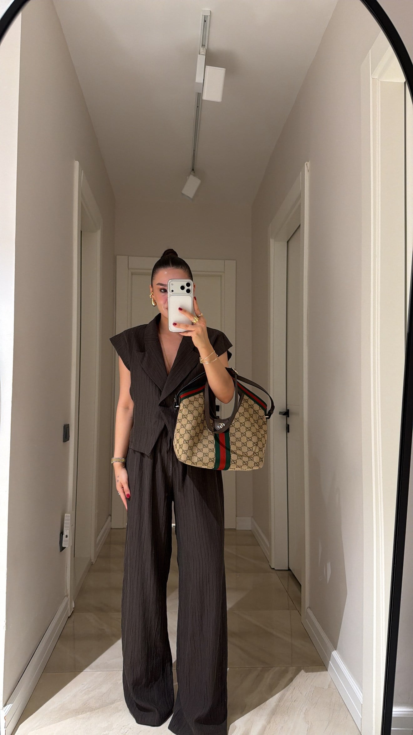 Kahve Kendinden Çizgili Kolsuz Marka Model Takım
