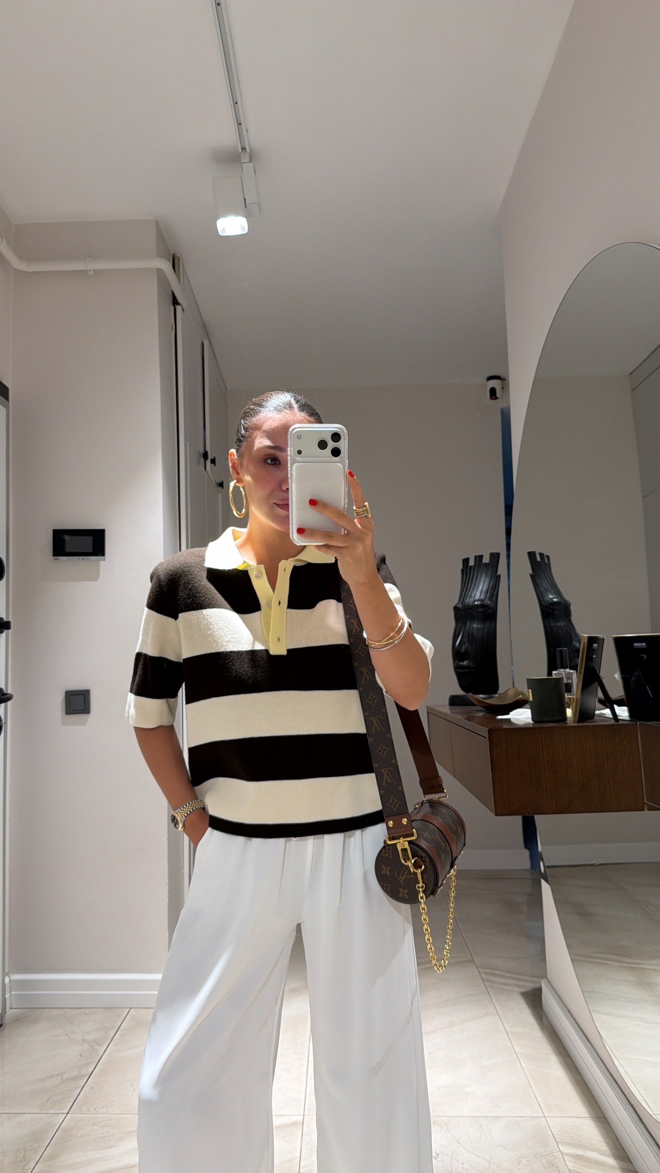 Kahve Krem Çizgili Polo Yaka Triko Tişört