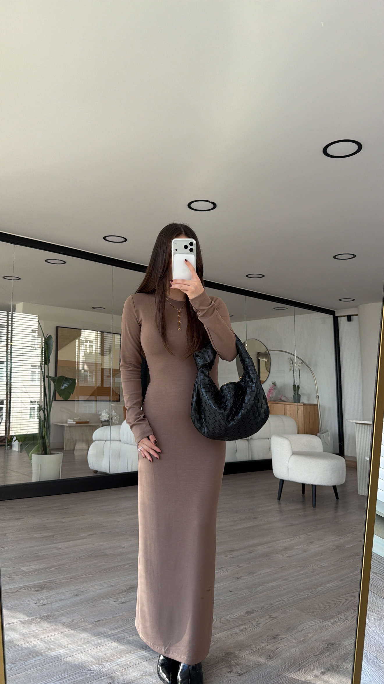 Kahve Modal Basic Uzun Elbise
