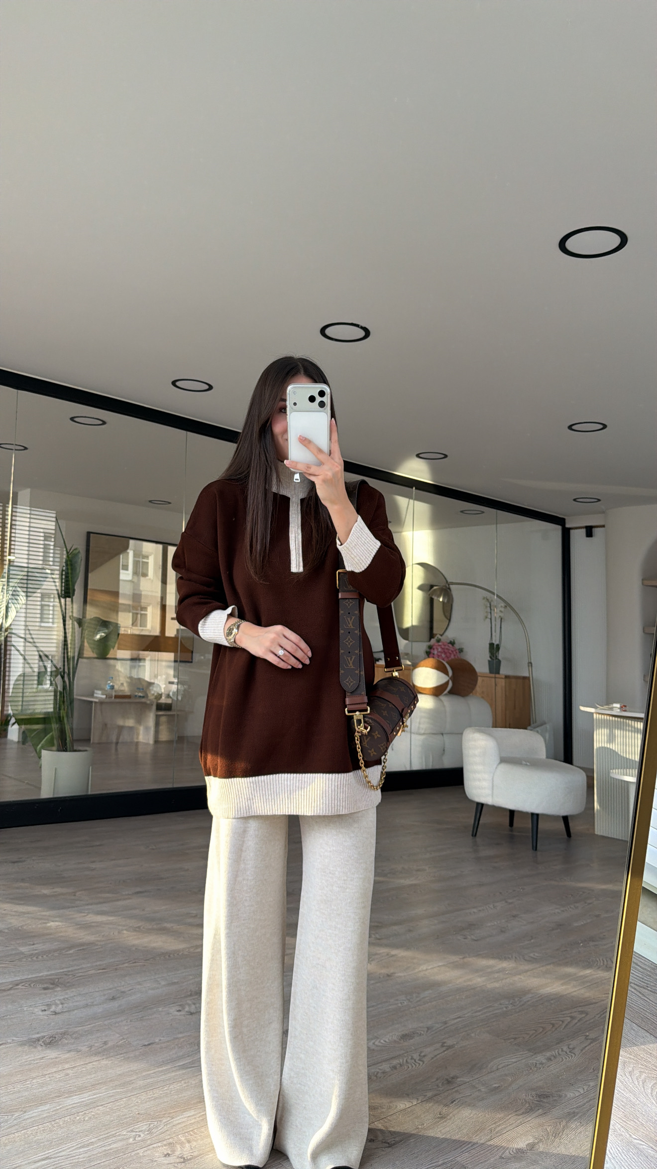Kahve Naturel Ön Fermuarlı Triko Pantolon Takım