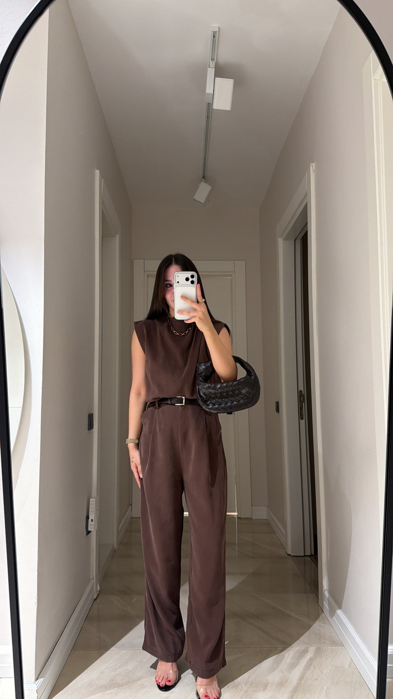 Kahve Omuz Pileli Kemerli Tulum