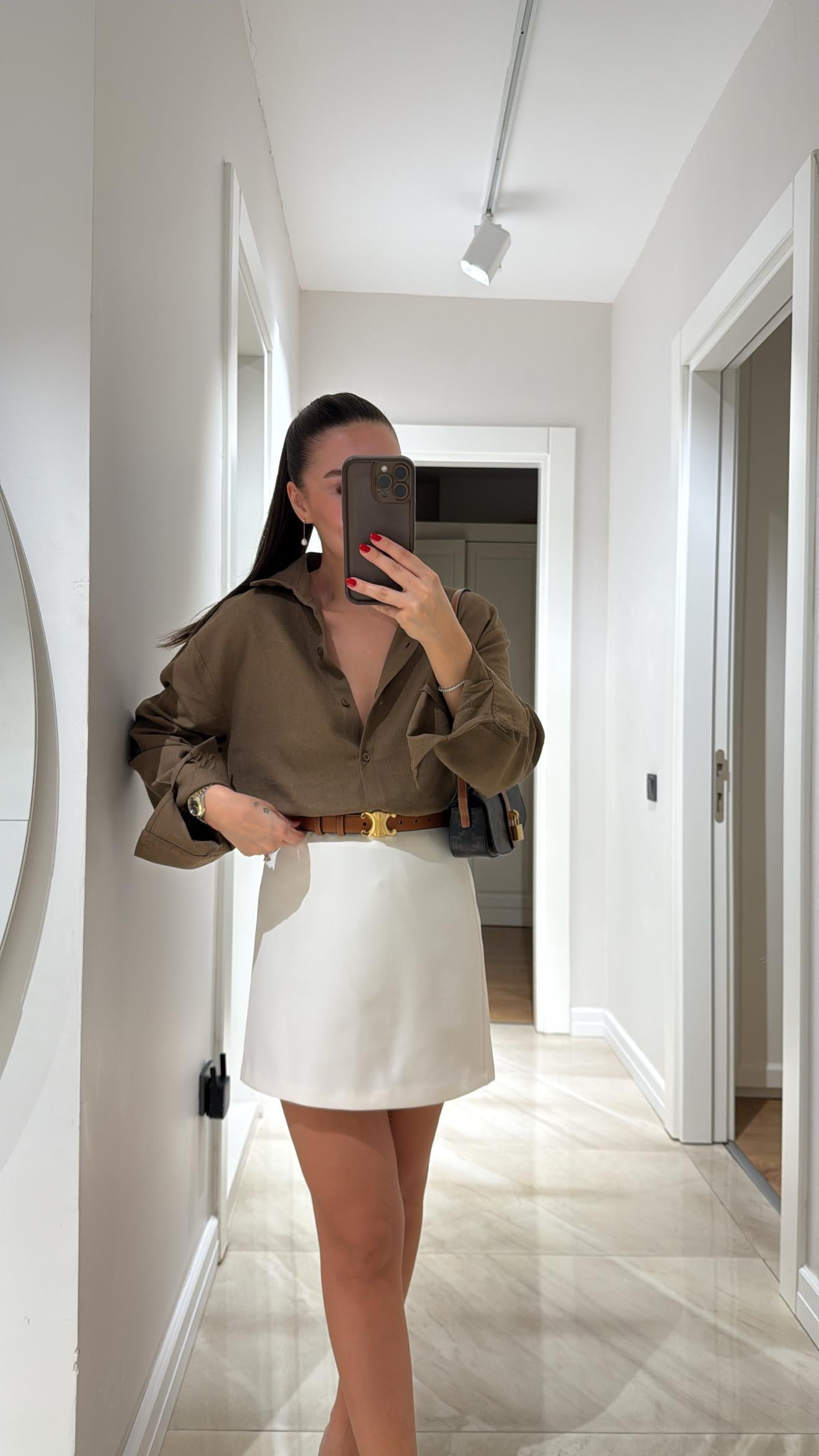 Kahve Ön Düğmeli Marka Model Keten Gömlek