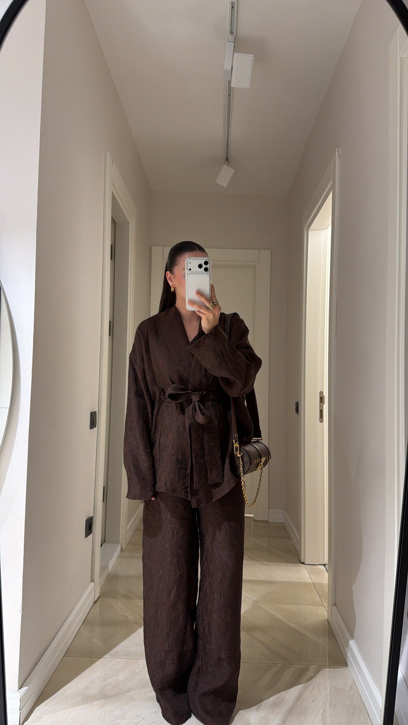 Kahve Şal Yaka Kimono Pantolon Takım