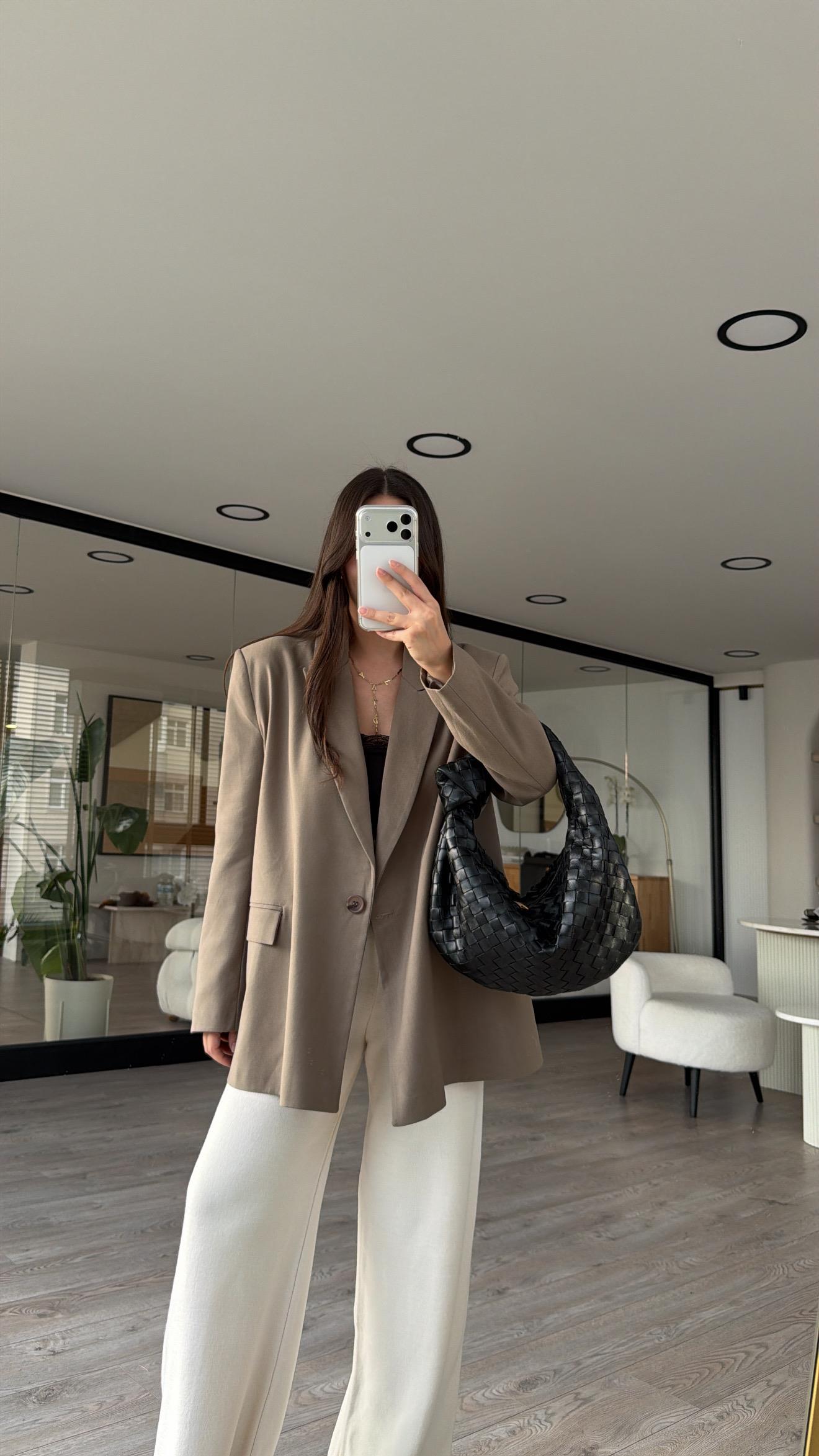 Kahve Tek Düğmeli Vatkalı Blazer Ceket 