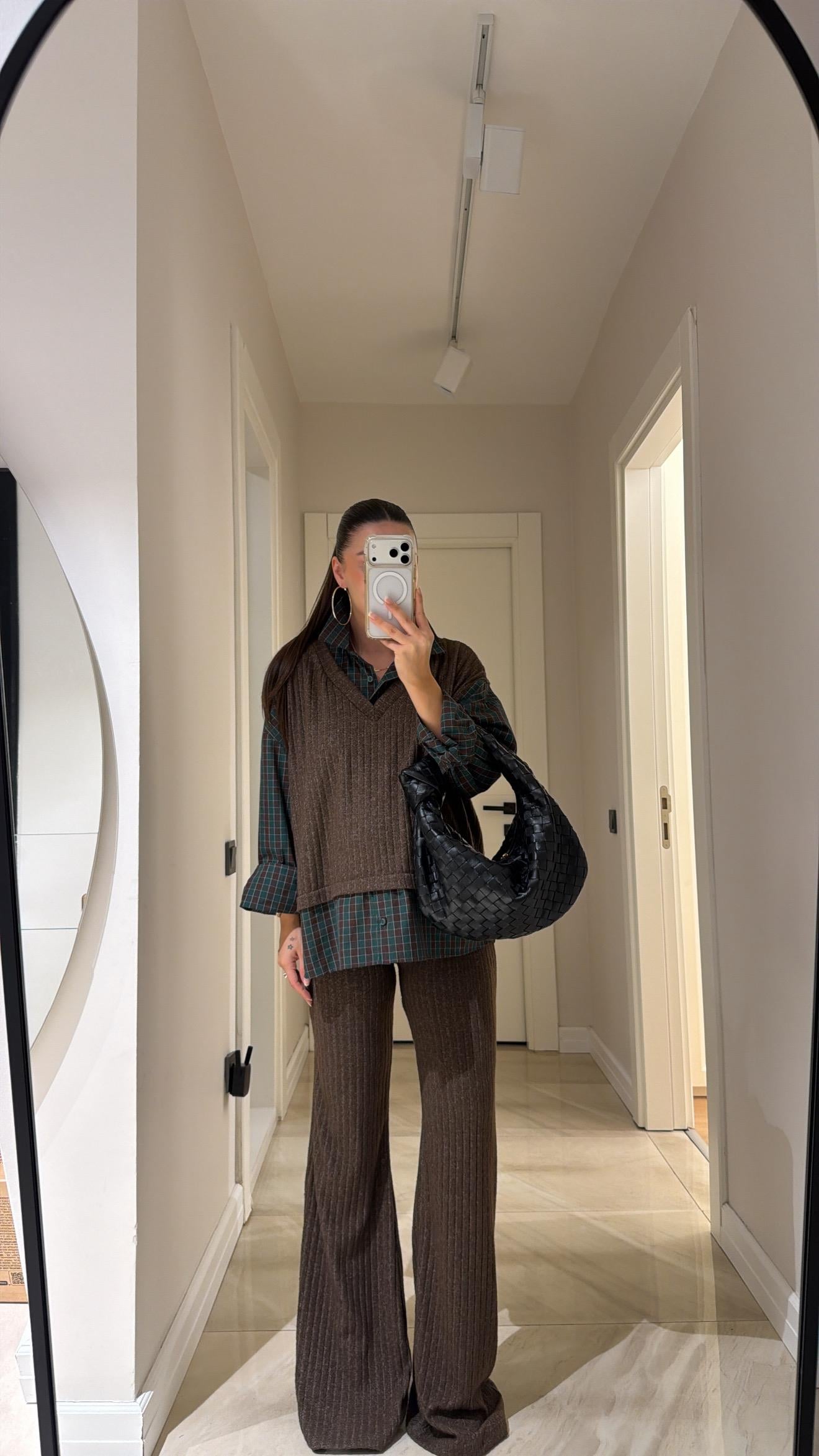 Kahve Yeşil Gömlek Detaylı Triko Pantolon Takım