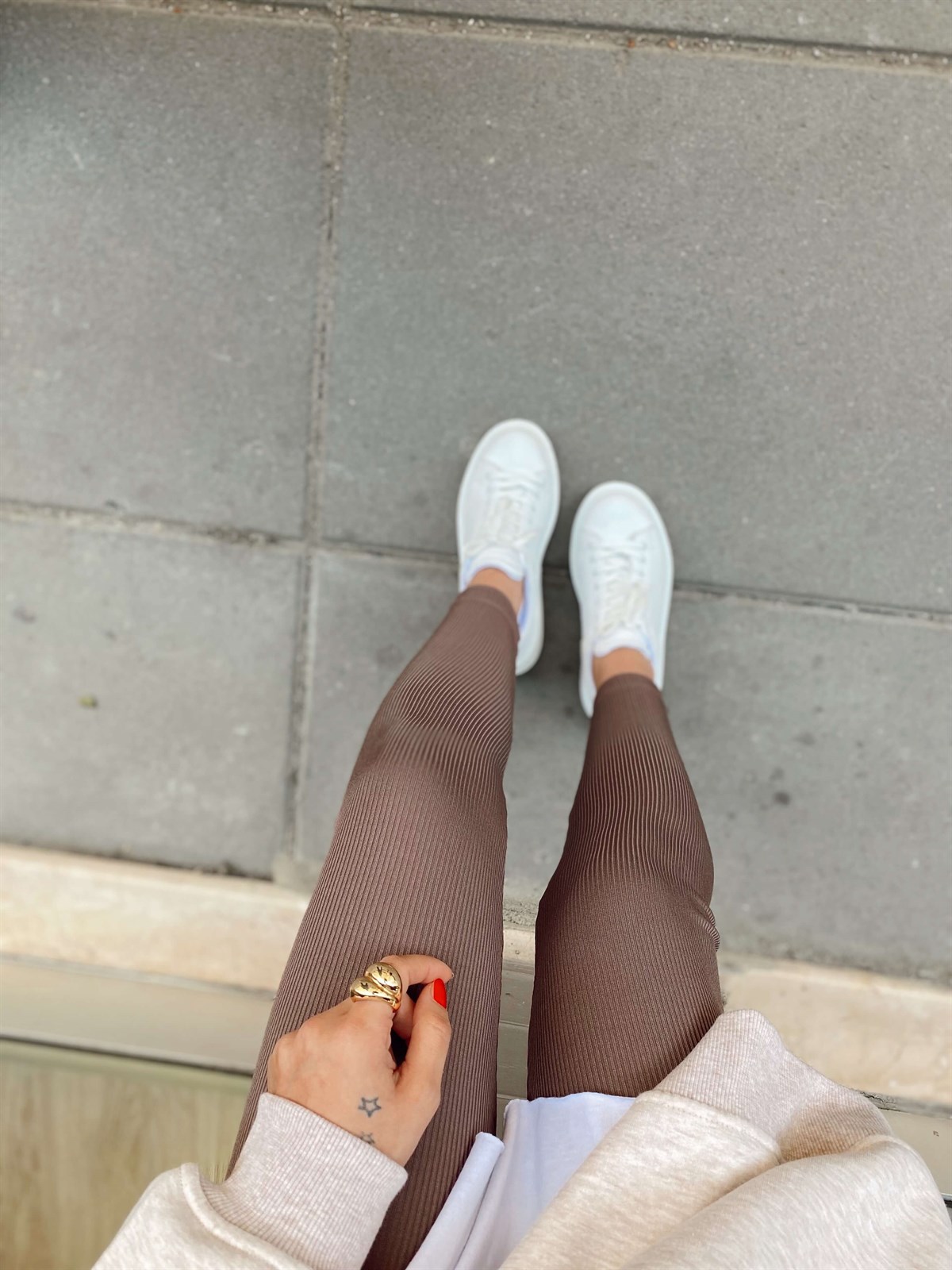 Kahve Yuksek Bel Fitilli Tayt