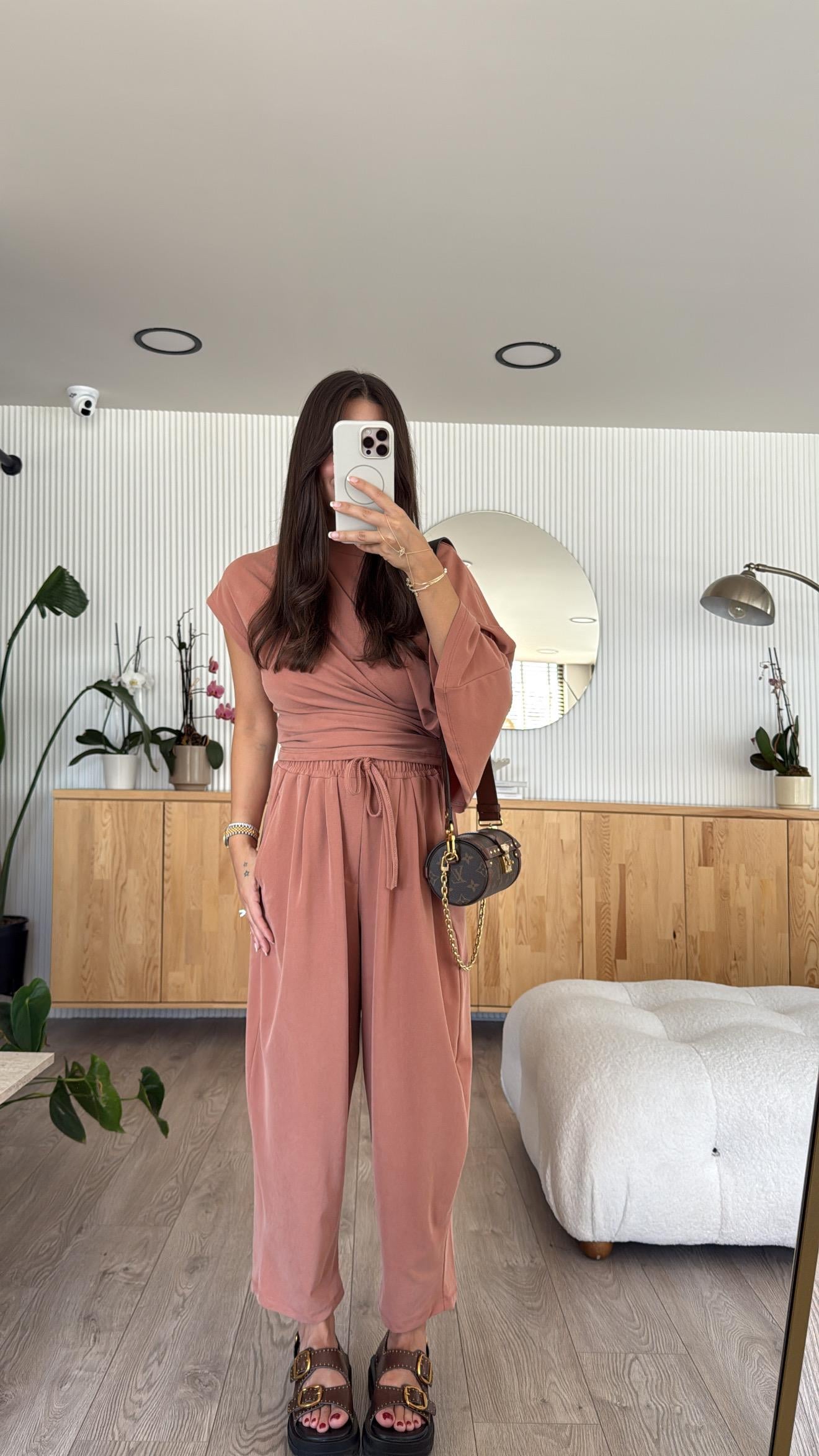 Kiremit Asimetrik Drapeli Şalvar Pantolon Takım