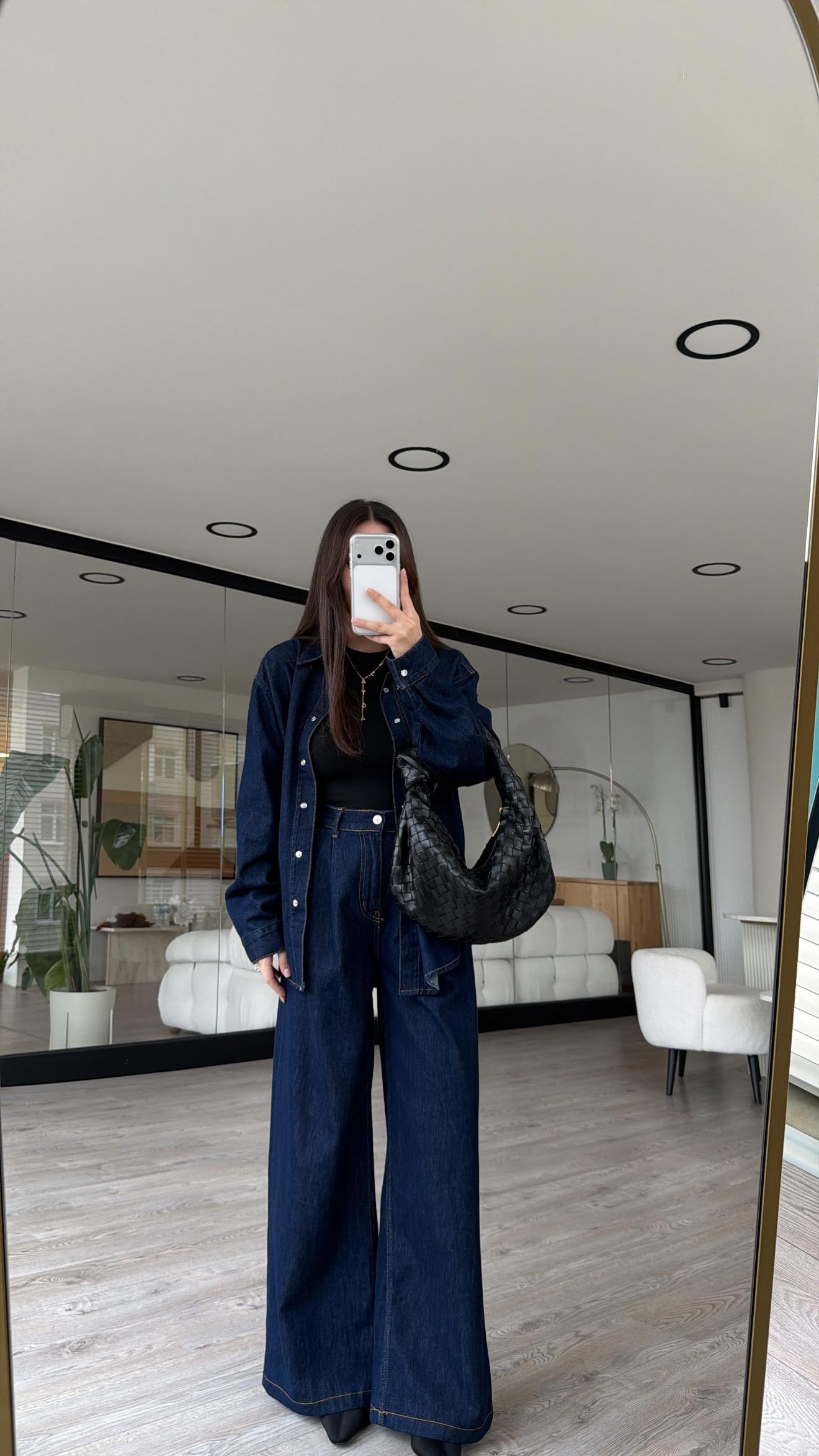 Koyu Lacivert Pileli Denim Bol Paça Pantolon