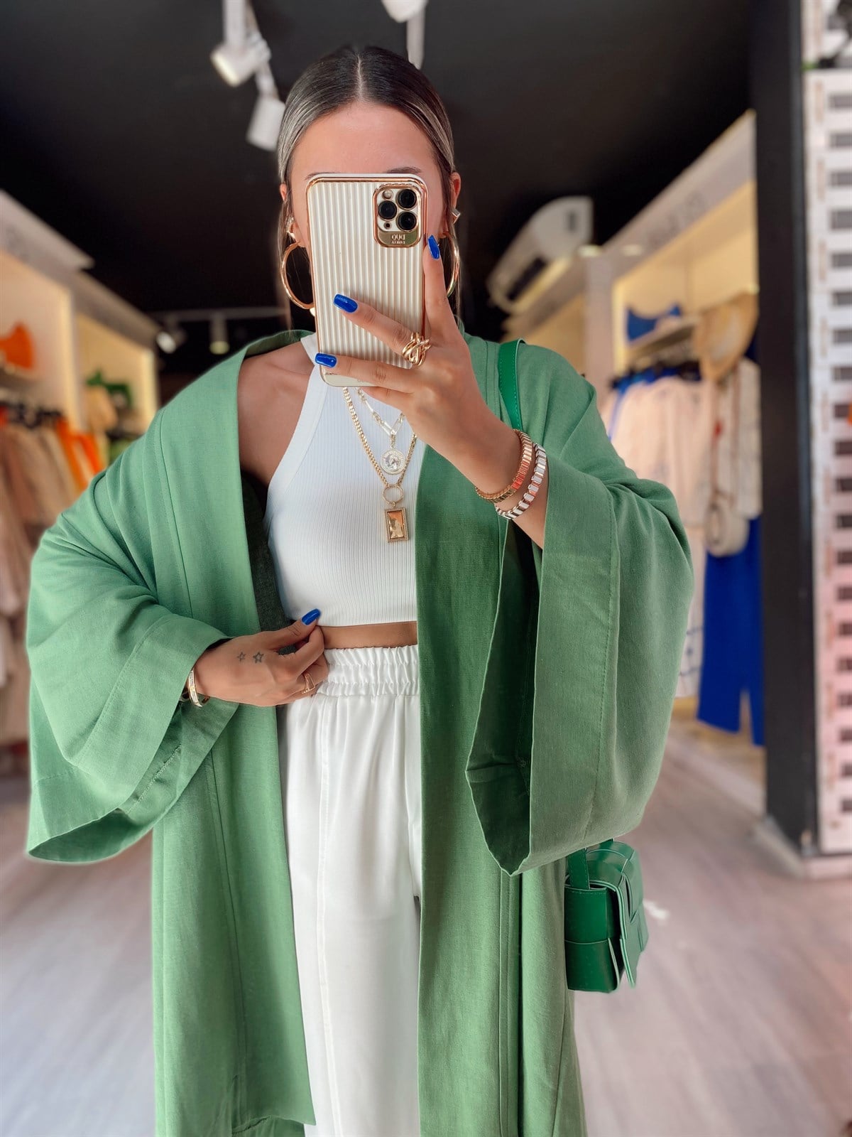 Koyu Yeşil Keten Kimono