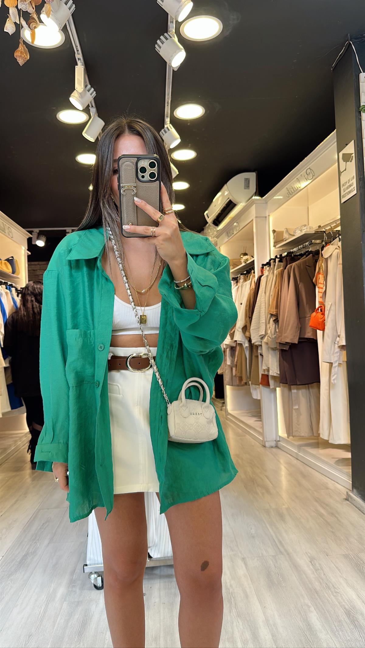 Koyu Yeşil Tensel Kumaş Düşük Omuzlu Oversize Gömlek