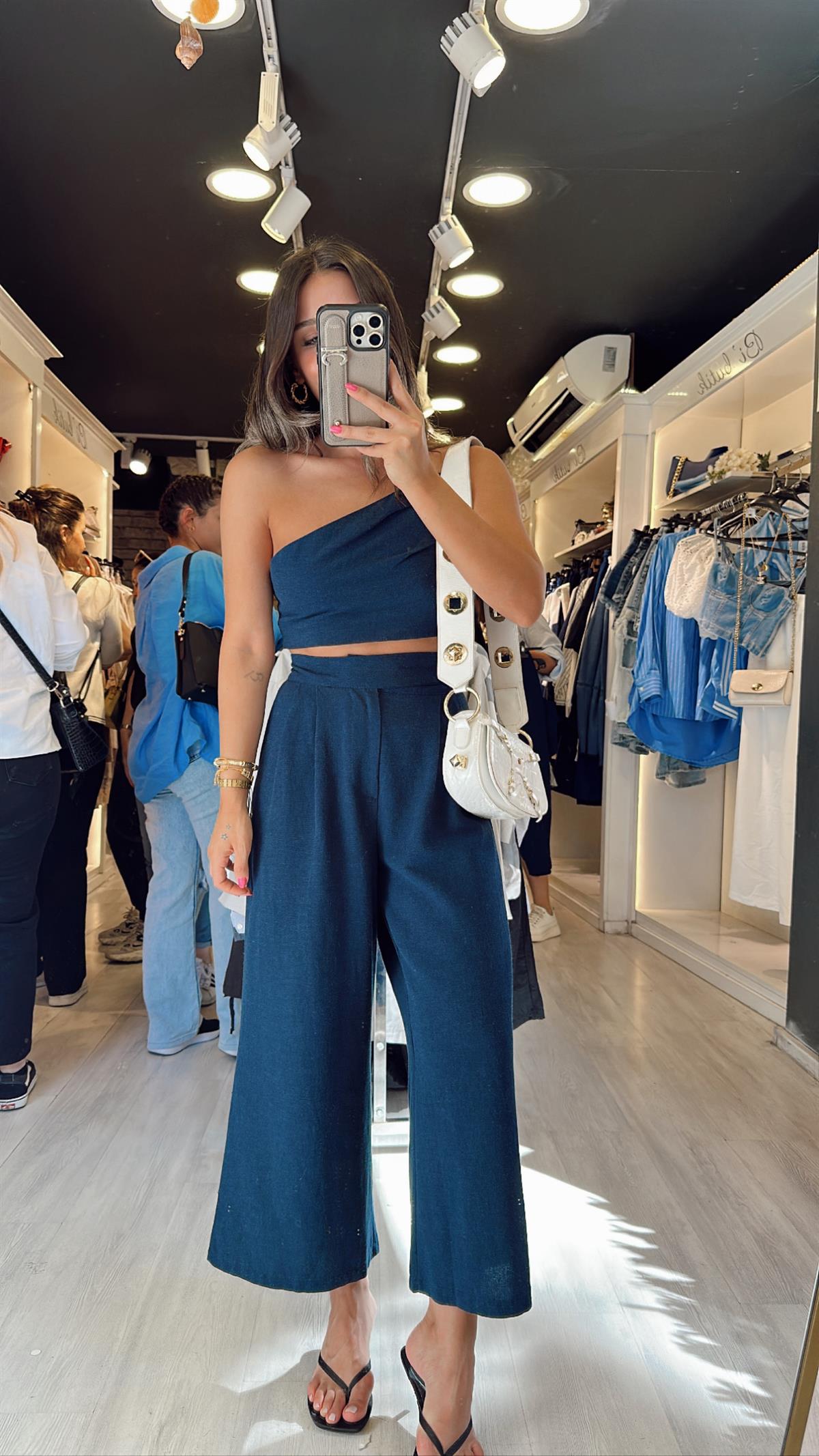 Lacivert Askılı Bluz Keten Pantolon Takım