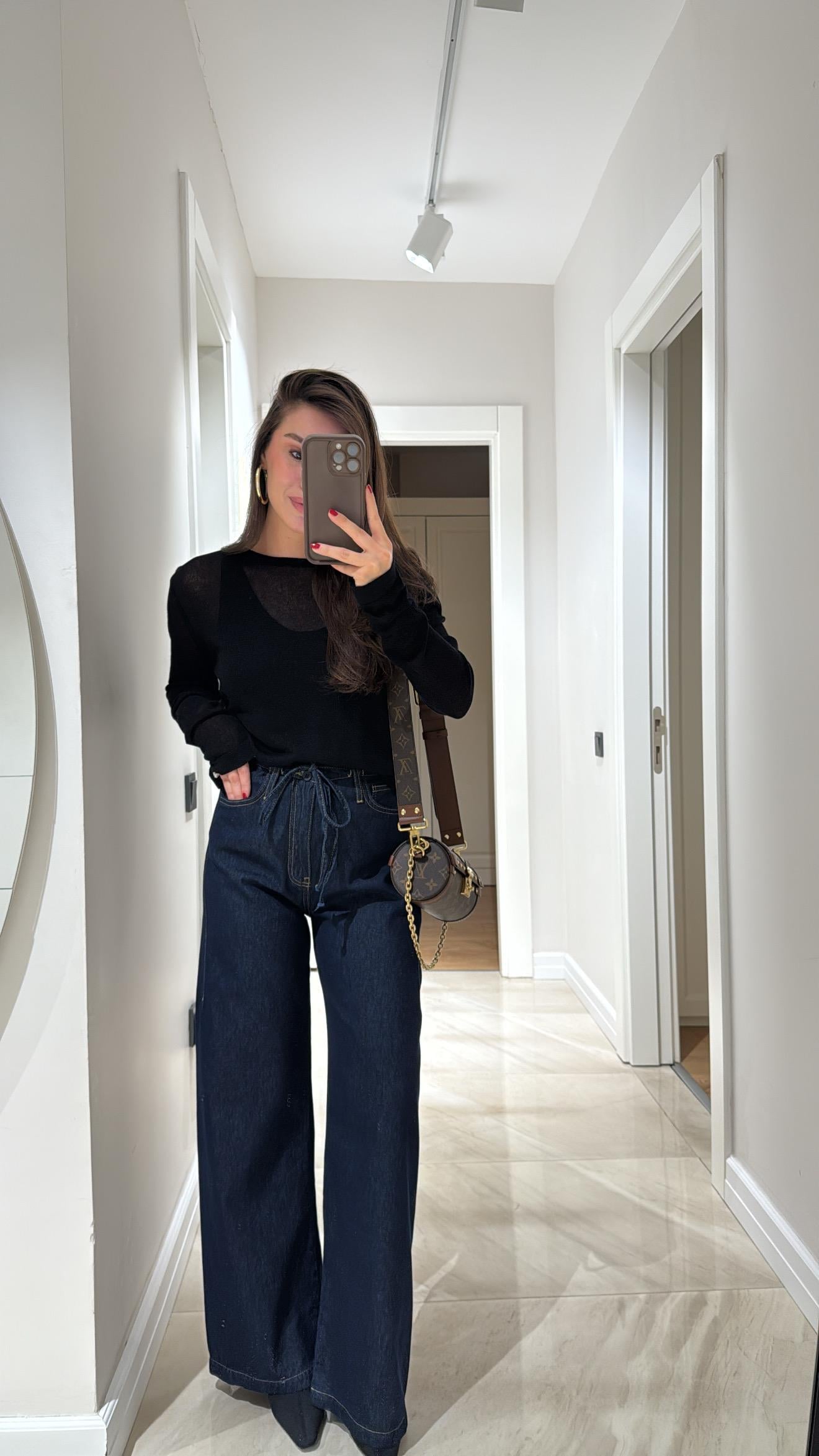 Lacivert Bel Bağçıklı Geniş Paça Denim Pantolon 
