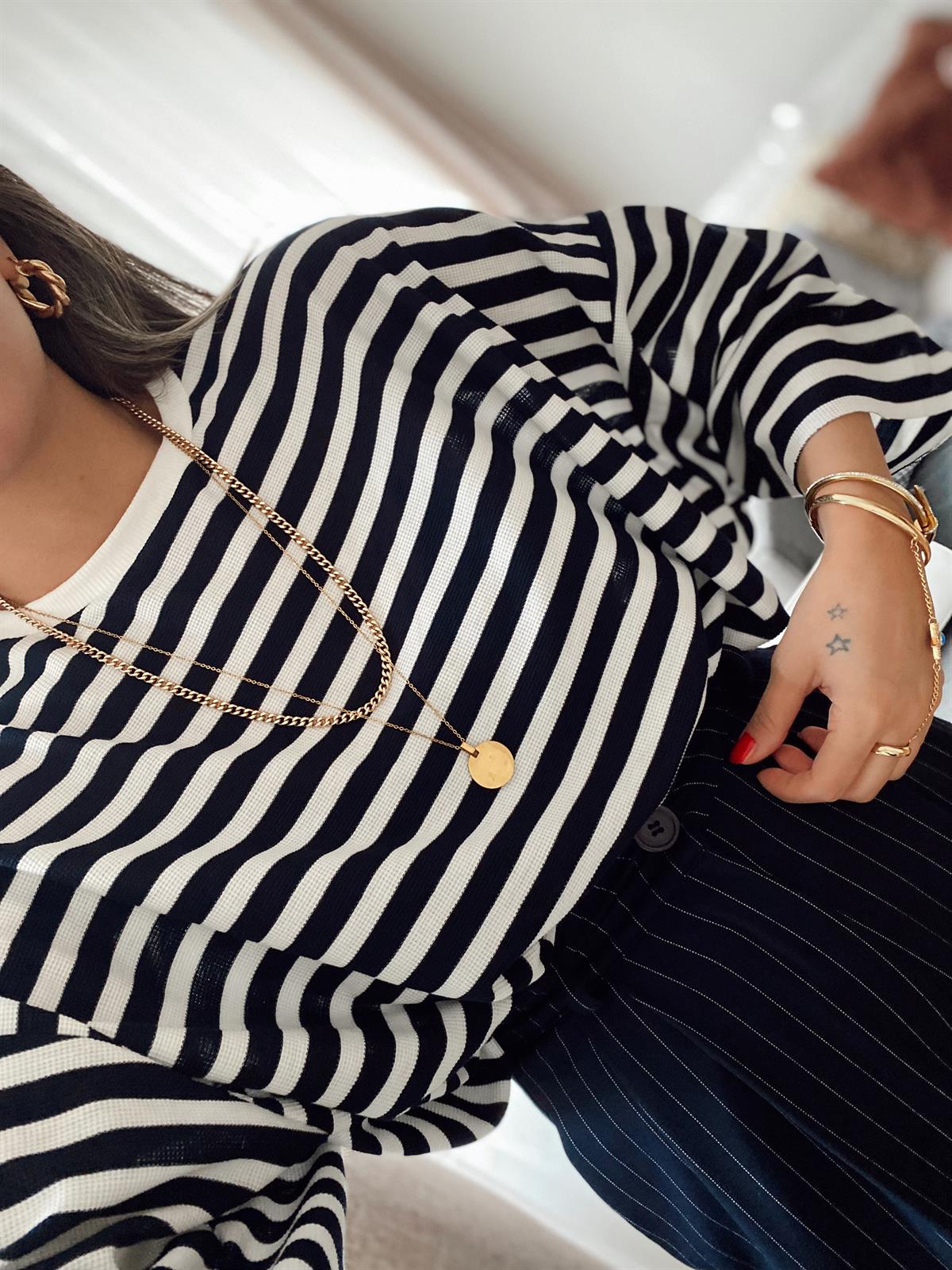 Lacivert Beyaz Çizgili Oversize Tshirt