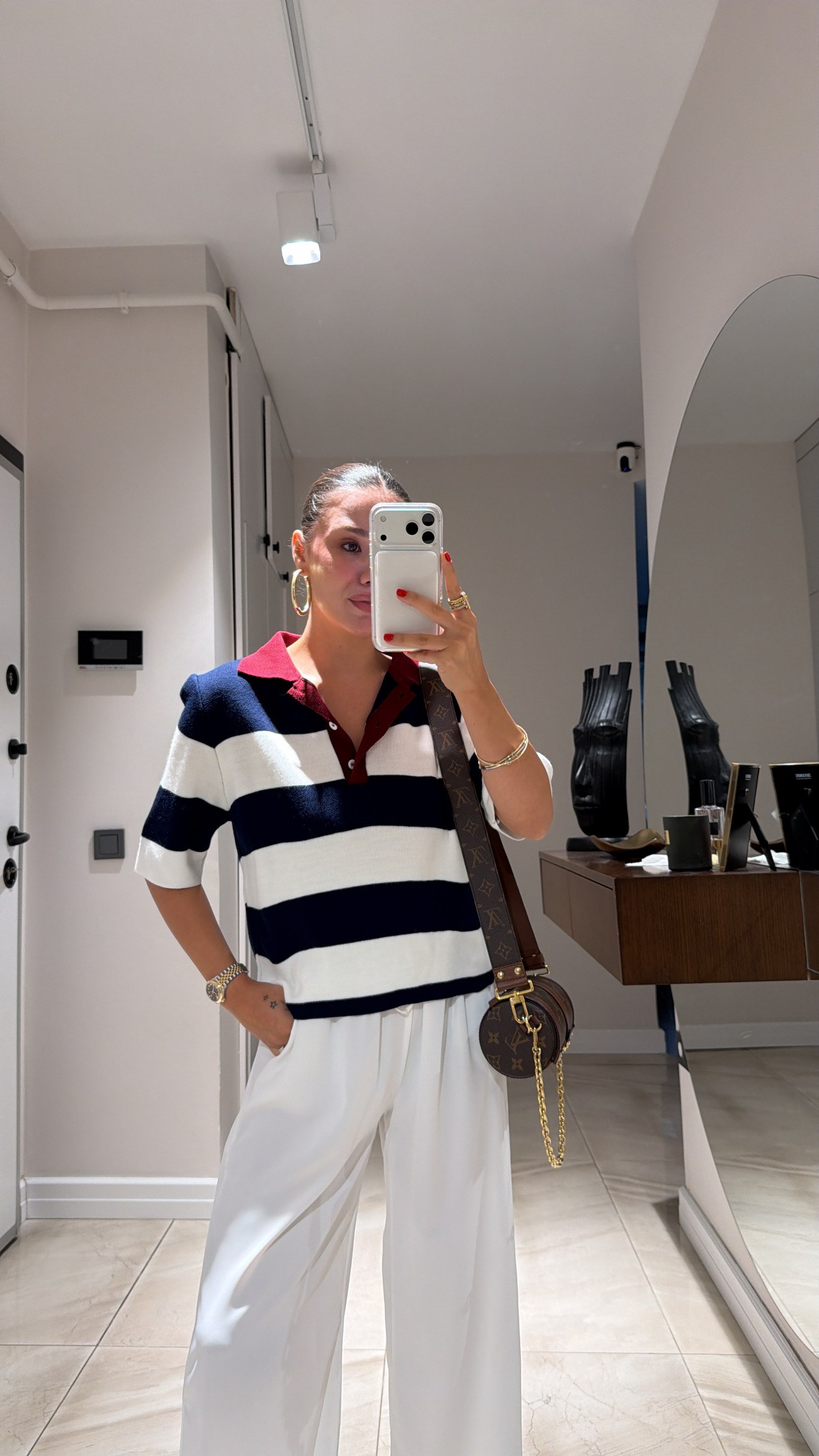 Lacivert Beyaz Çizgili Polo Yaka Triko Tişört