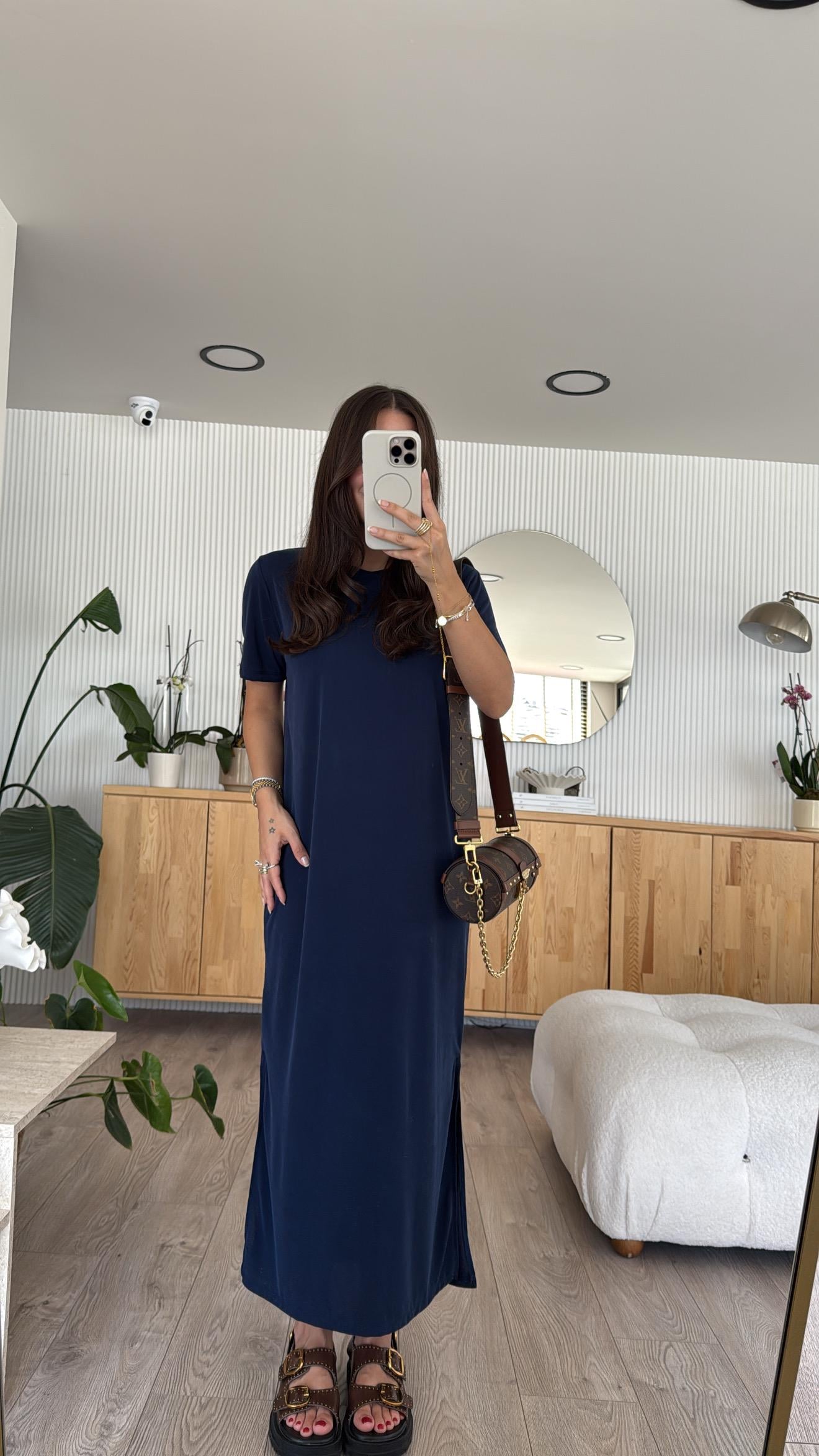 Lacivert Bisiklet Yaka Yan Yırtmaçlı Basic Elbise