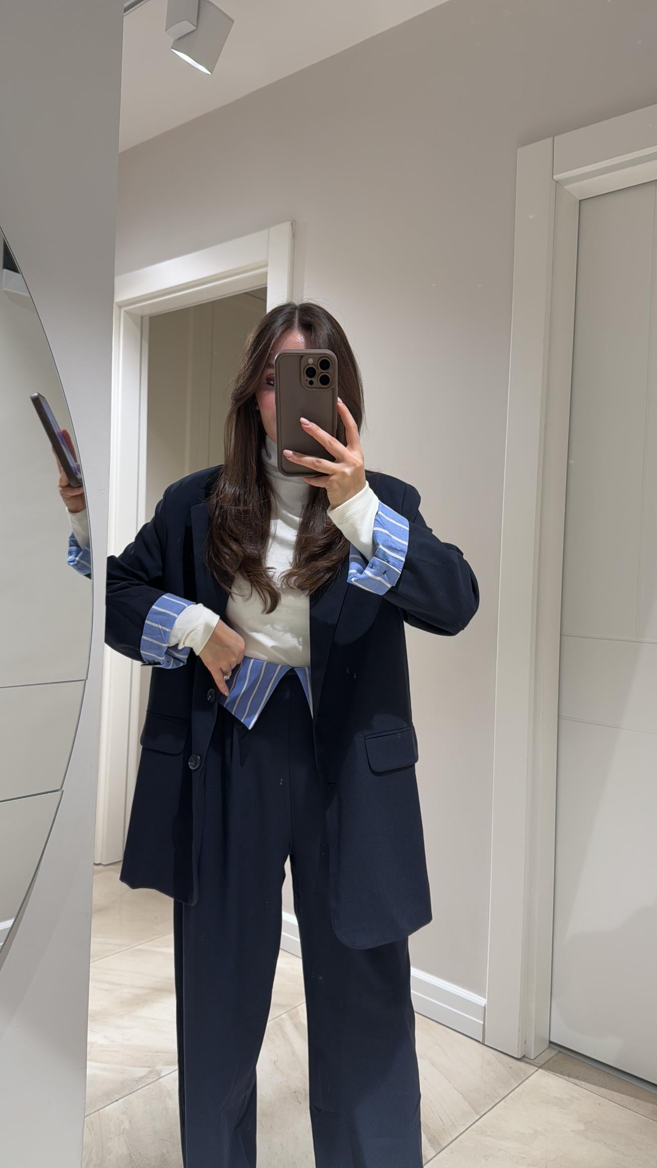 Lacivert Çizgili Gömlek Detaylı Blazer Ceket 