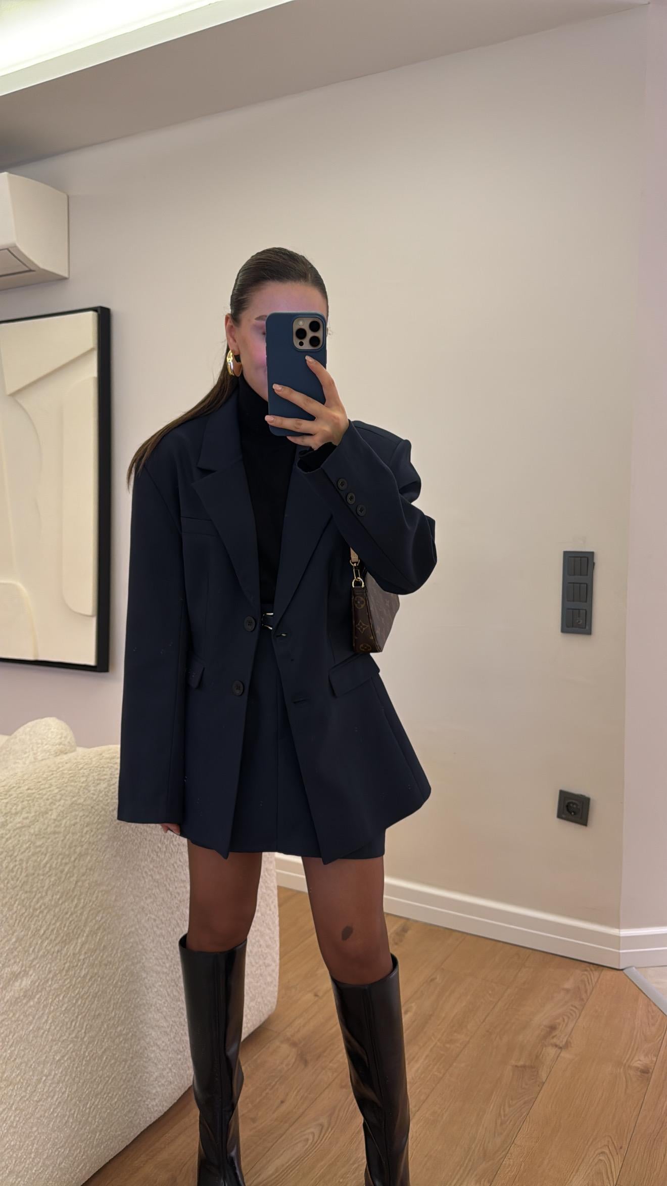 Lacivert Etekli Kemerli Blazer Takım