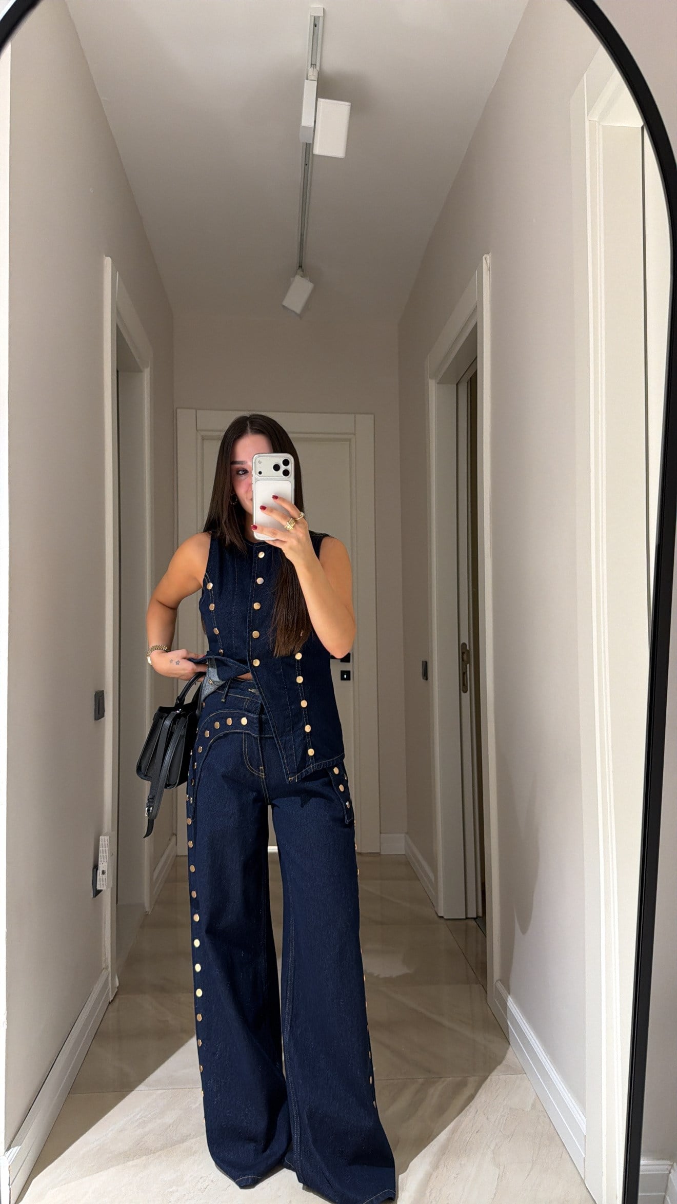 Lacivert Gold Düğmeli Bol Paça Denim Pantolon