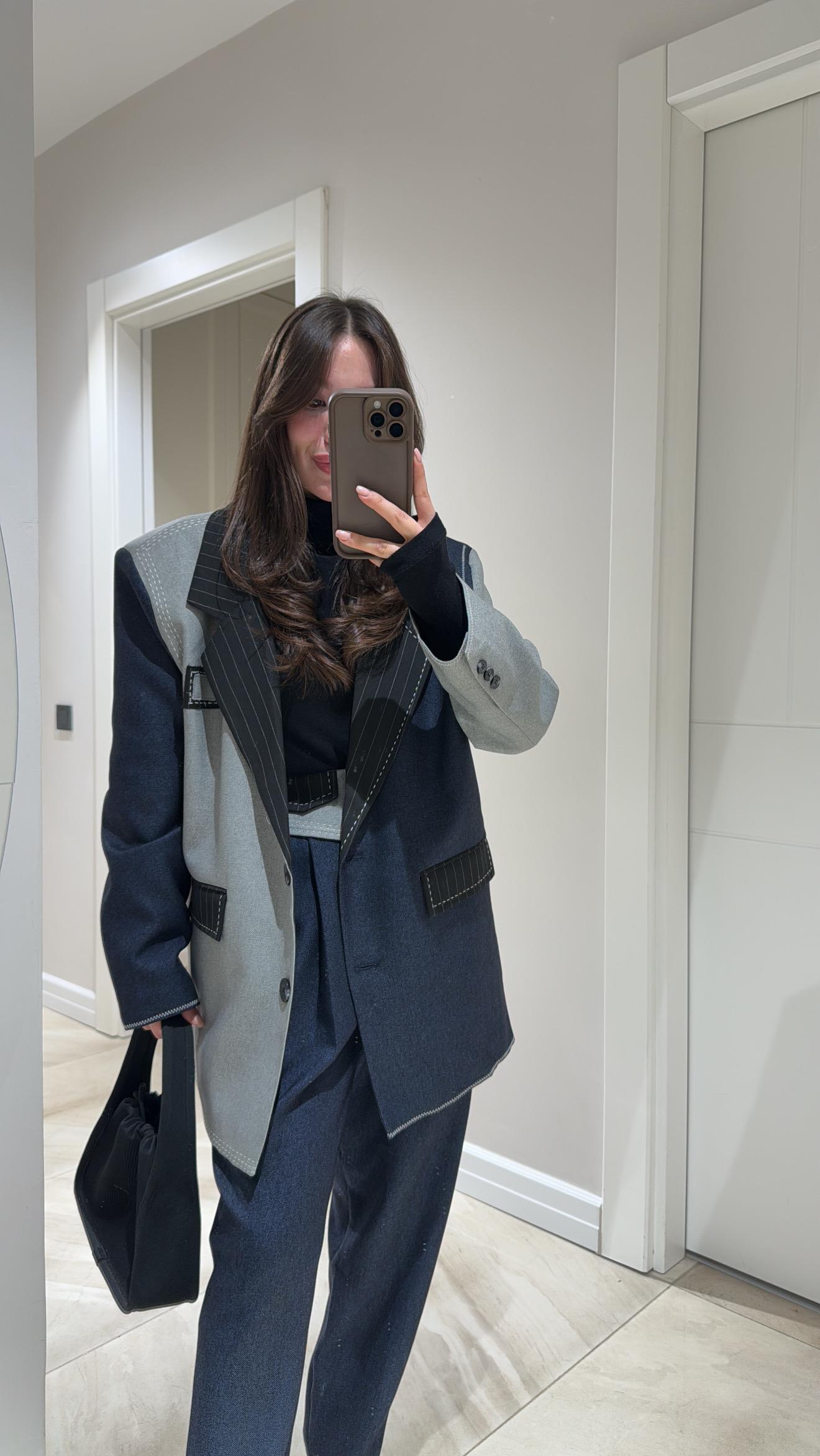 Lacivert Gri Dikiş Detaylı Blazer Ceket 