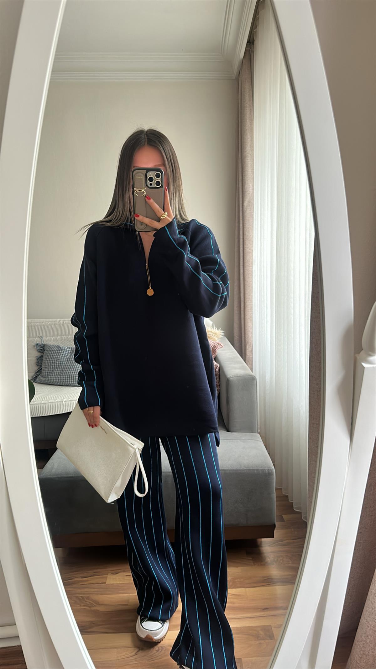 Lacivert Mavi Çizgili Polo Yaka Triko Takım 