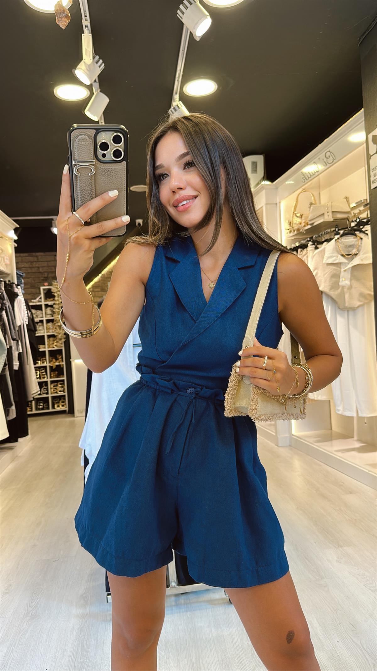 Lacivert Ön Bağlamalı Yelek Şort Takım 