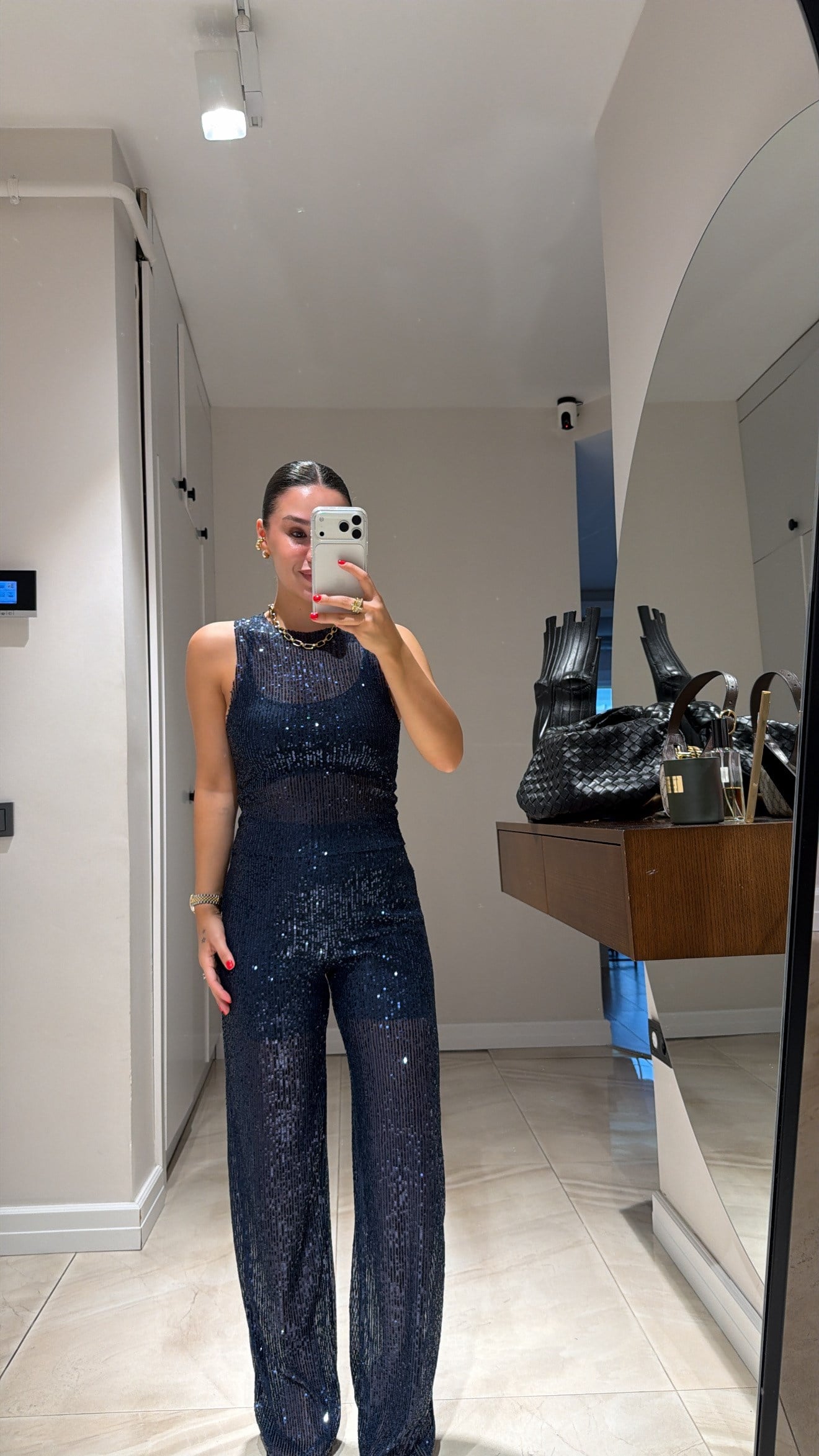 Lacivert Pullu Transparan Pantolon Takım