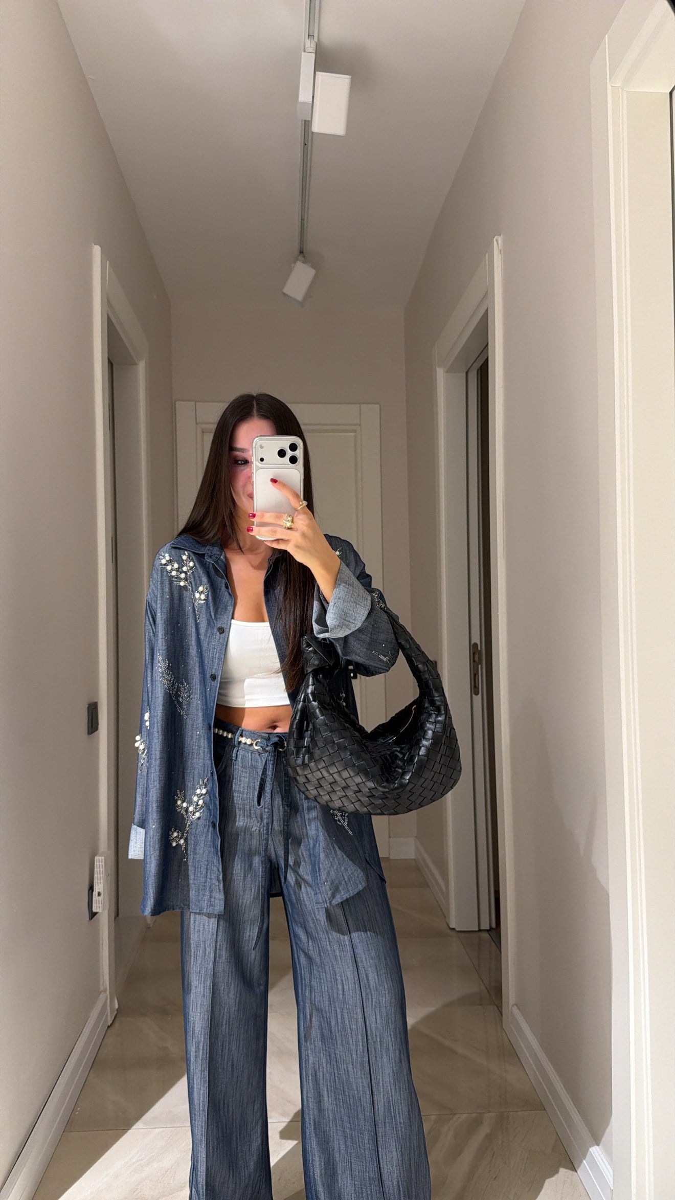 Lacivert Taş Nakışlı Denim Gömlek