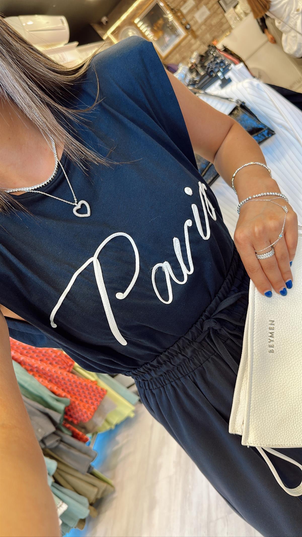 Lacivert Vatkalı Yazı İşlemeli Tshirt