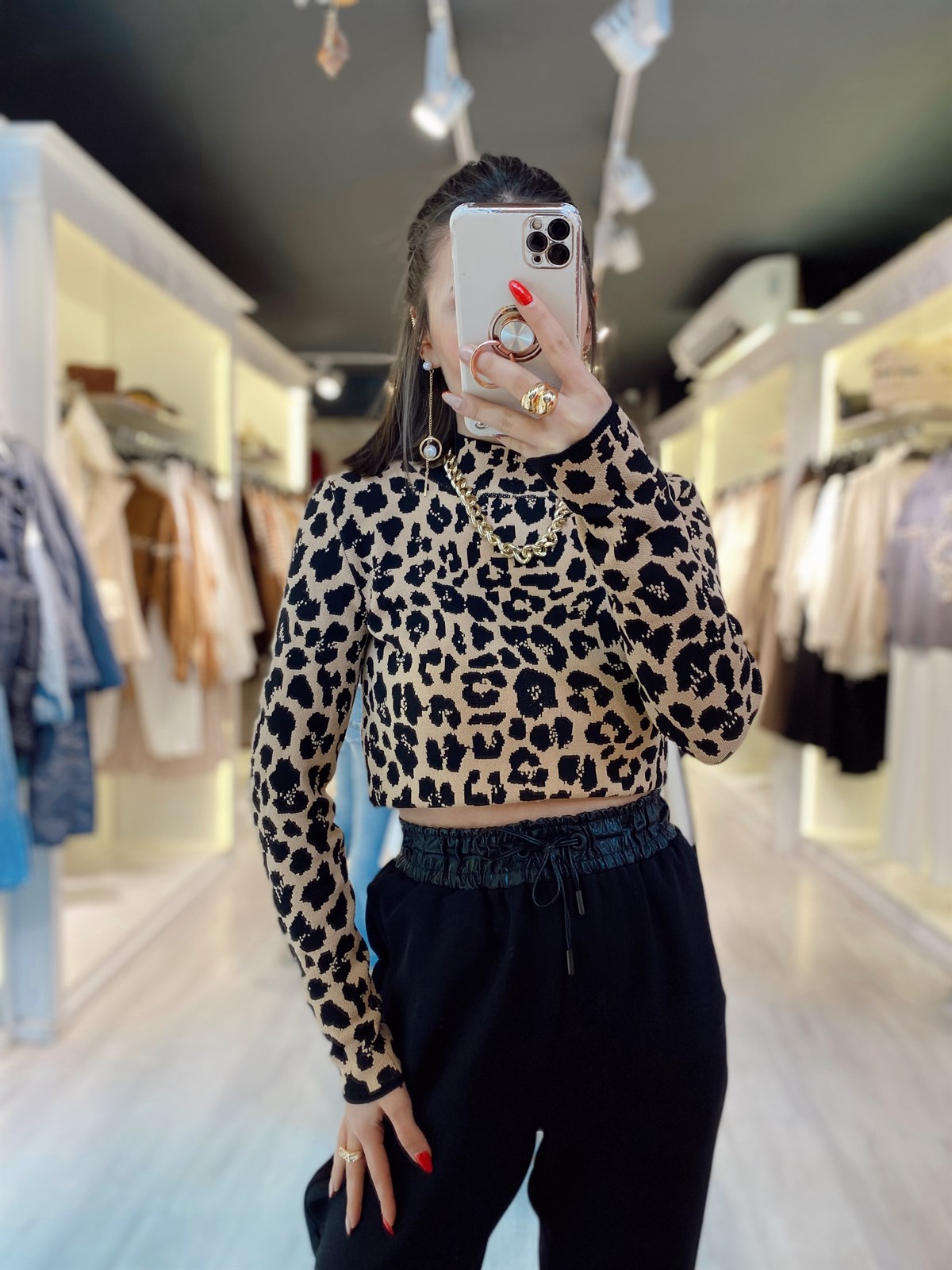 Leopar Desenli Triko Kazak