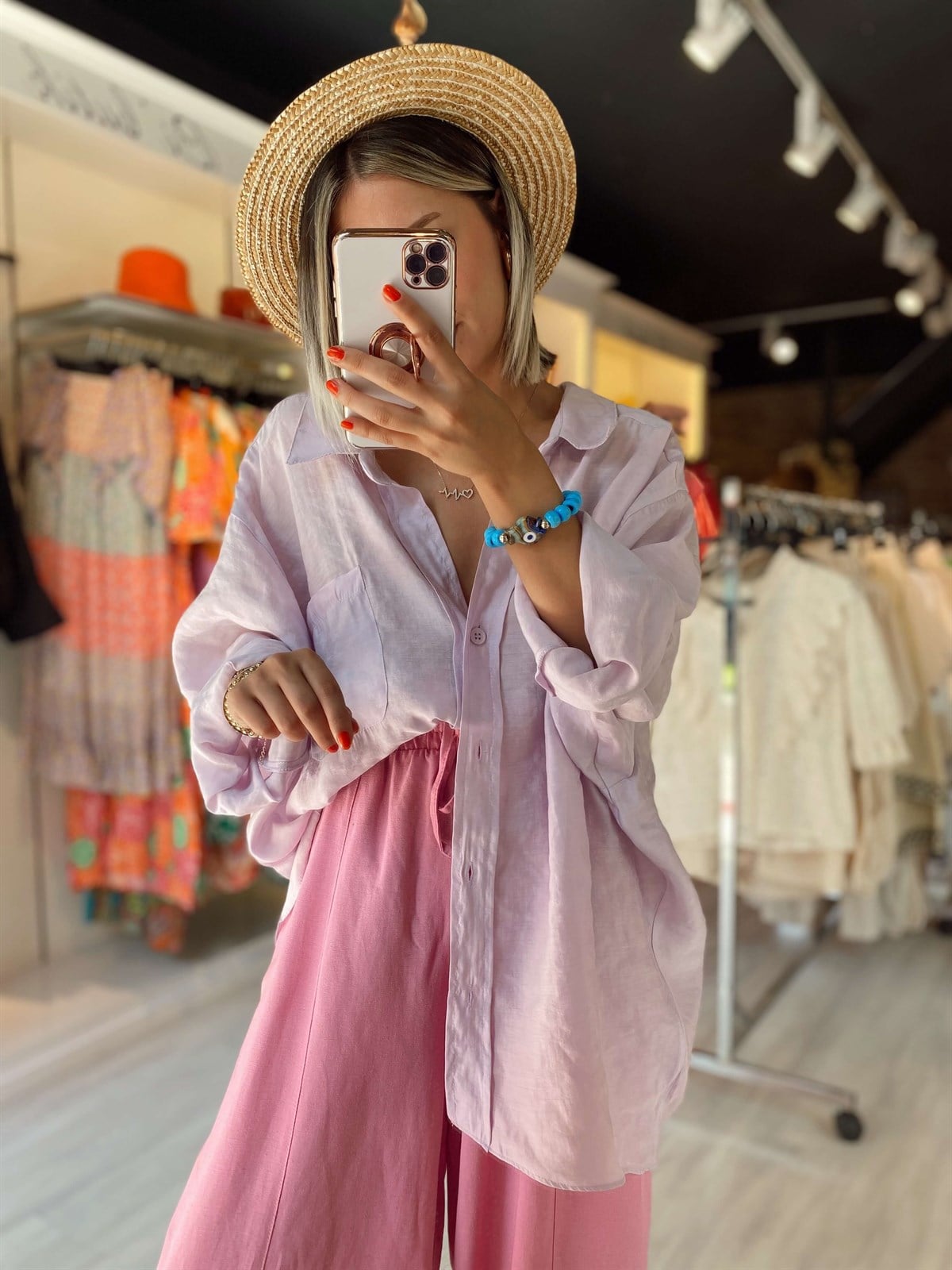 Lila Cepli Düşük Omuz Oversize Gömlek
