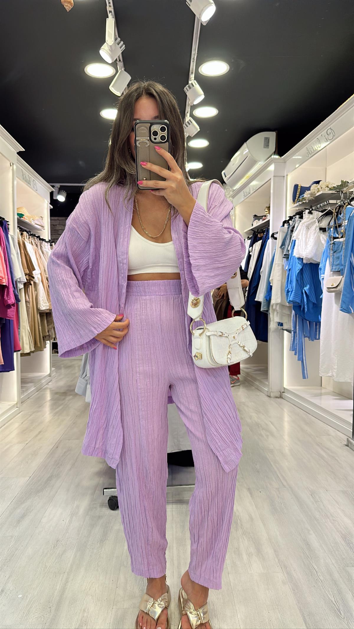 Lila Gofreli Kimono Takım 