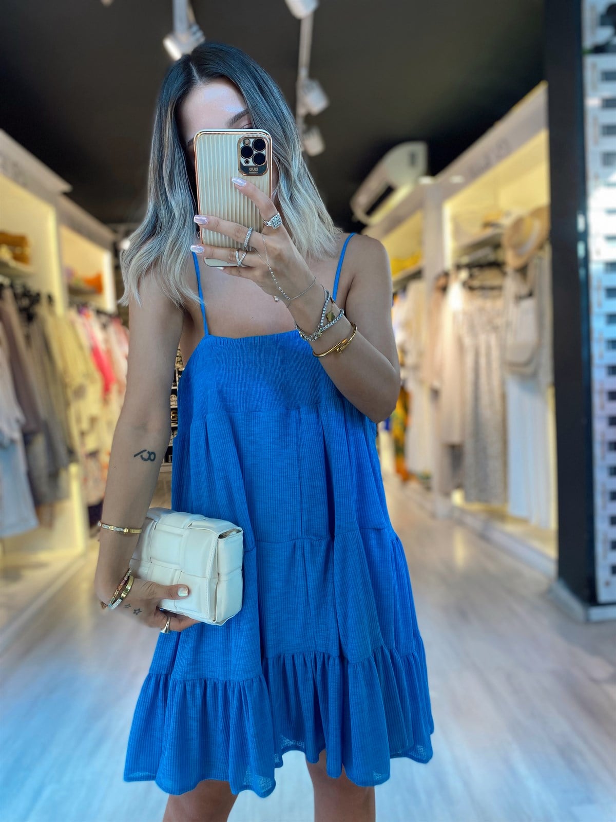 Mavi Askılı Mini Elbise