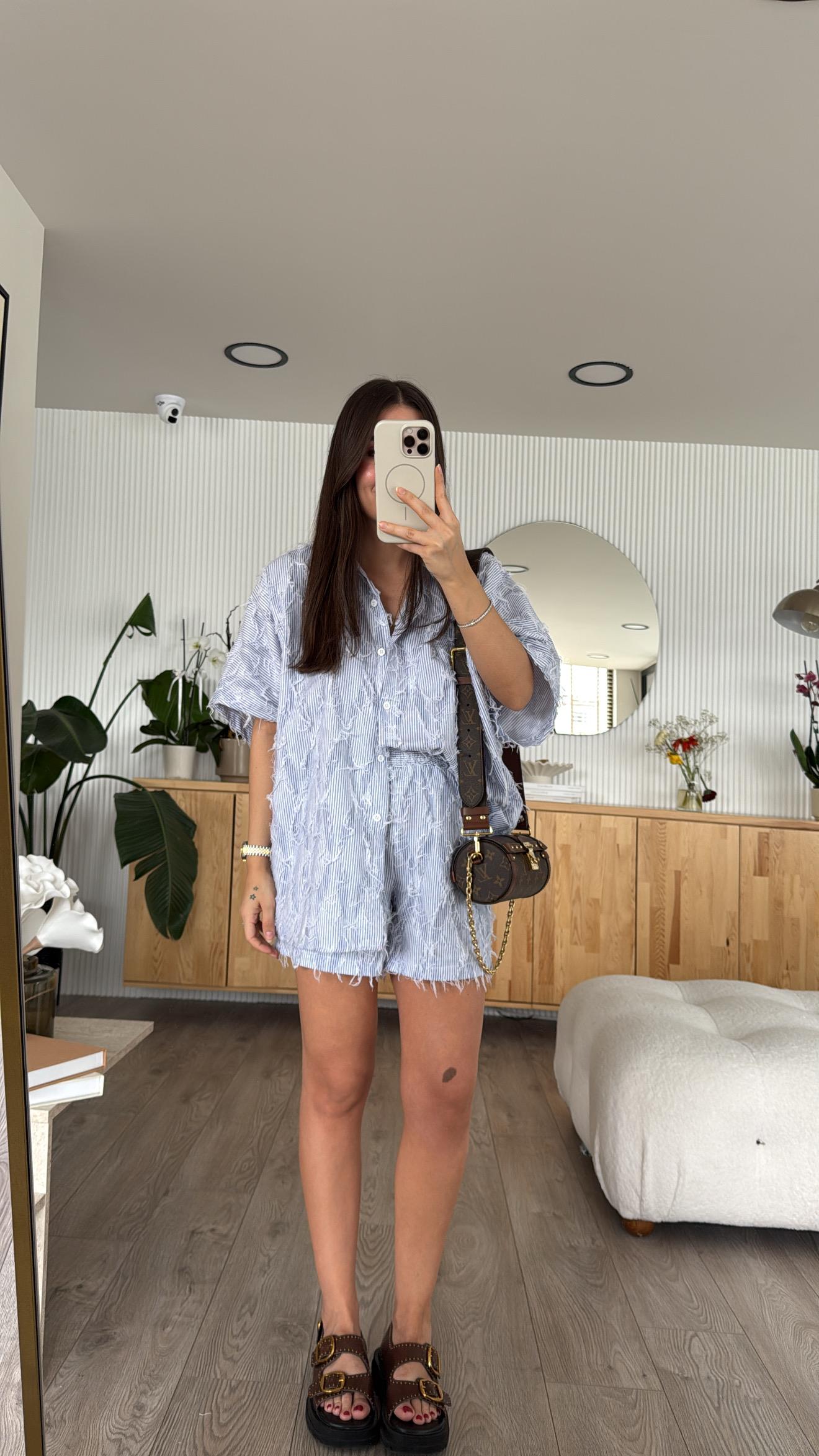 Mavi Beyaz Saçaklı Şort Takım 