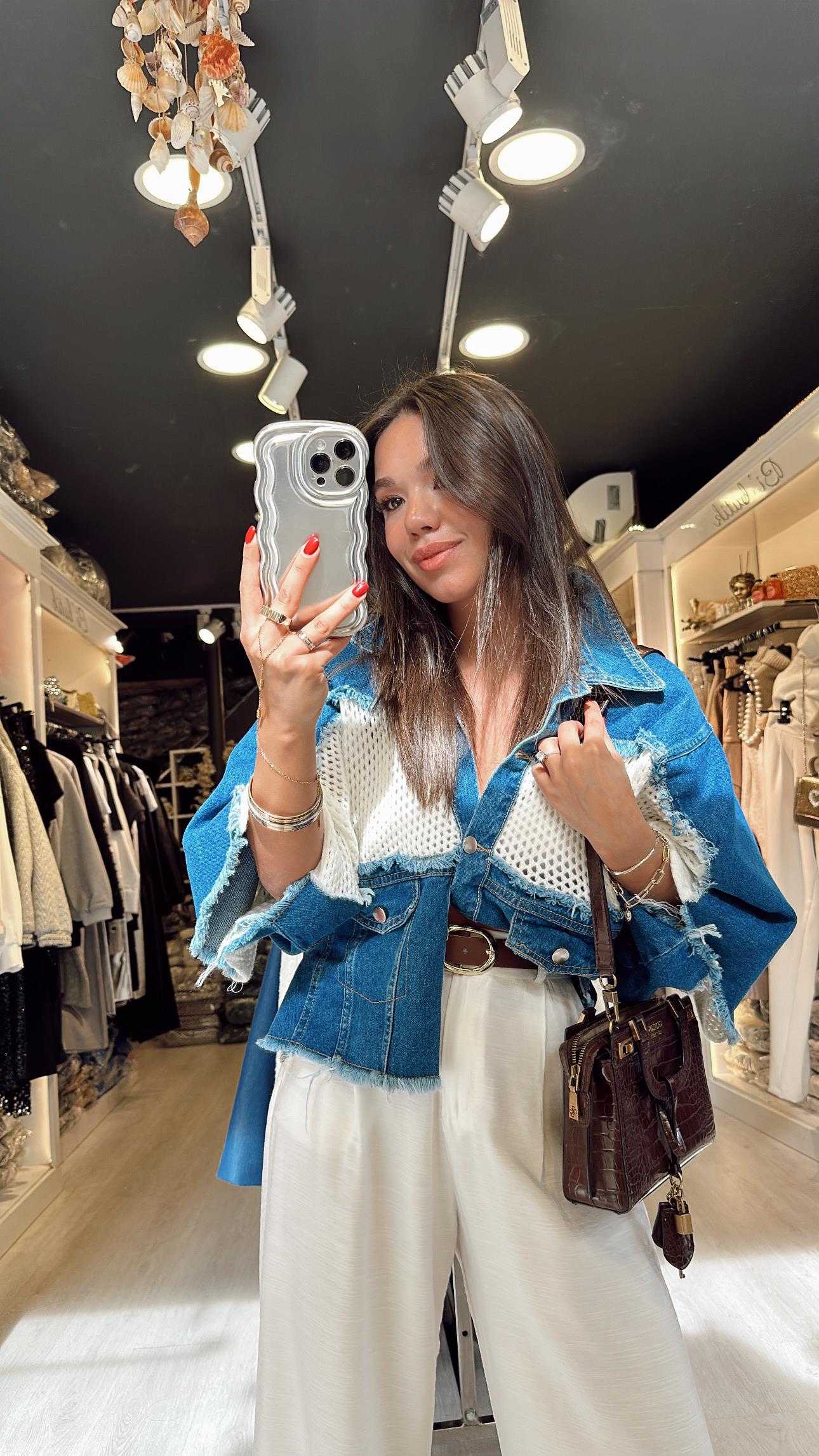 Mavi Ekru Triko Detaylı Jean Ceket