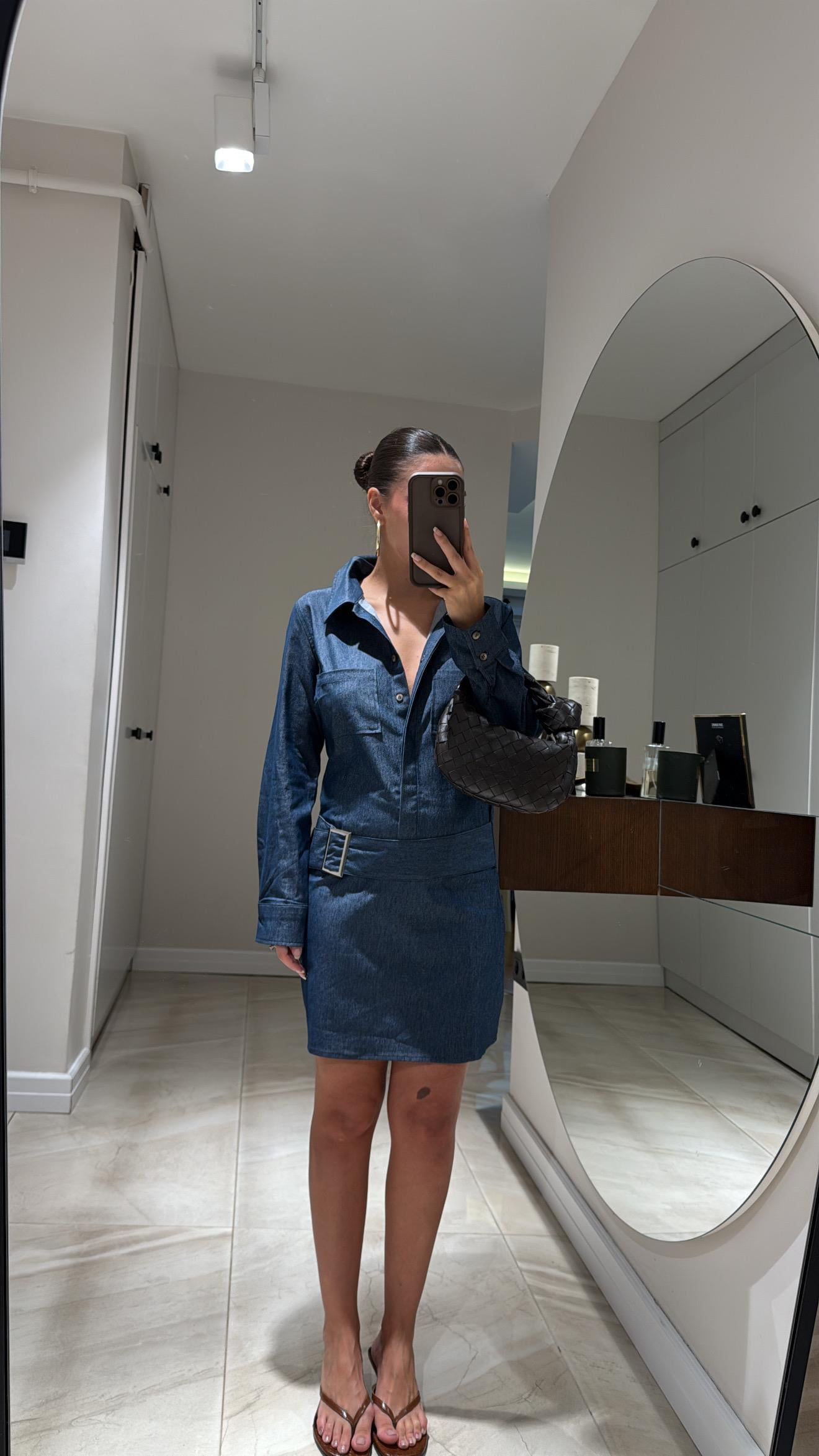 Mavi Kendinden Kemerli Denim Elbise